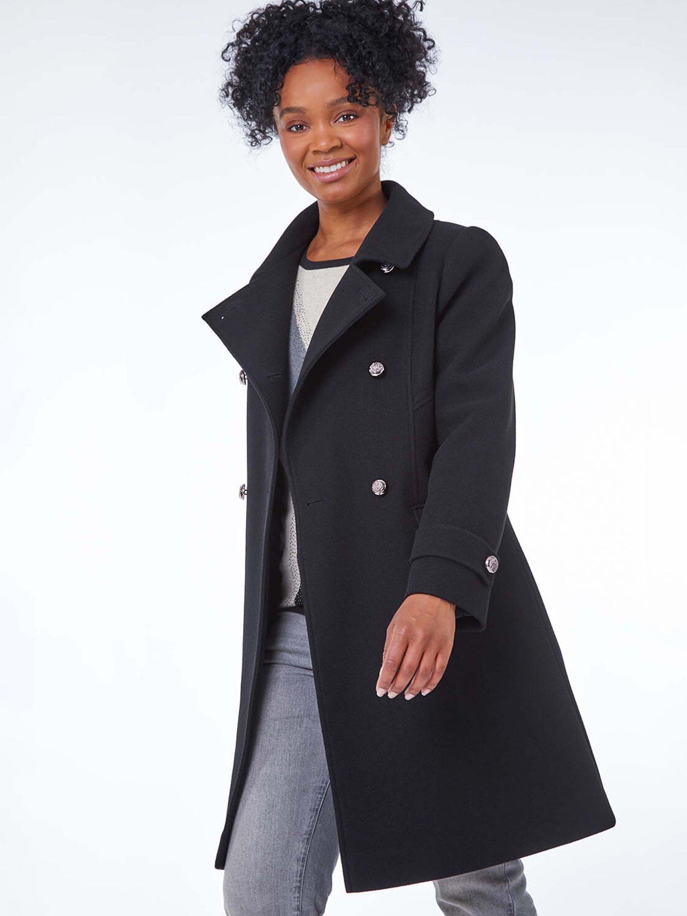 Roman Petite Double Breasted Military Coat - Black