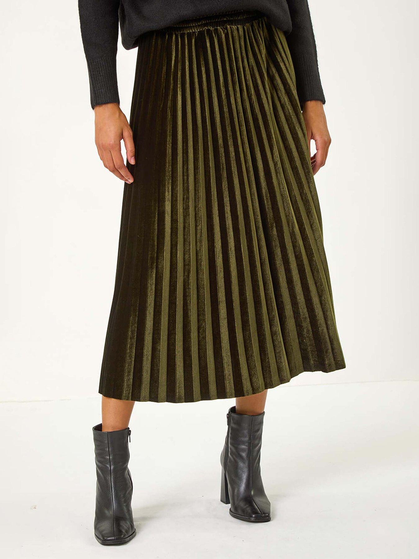 Roman Velvet Pleated Midi Skirt - Dark Green