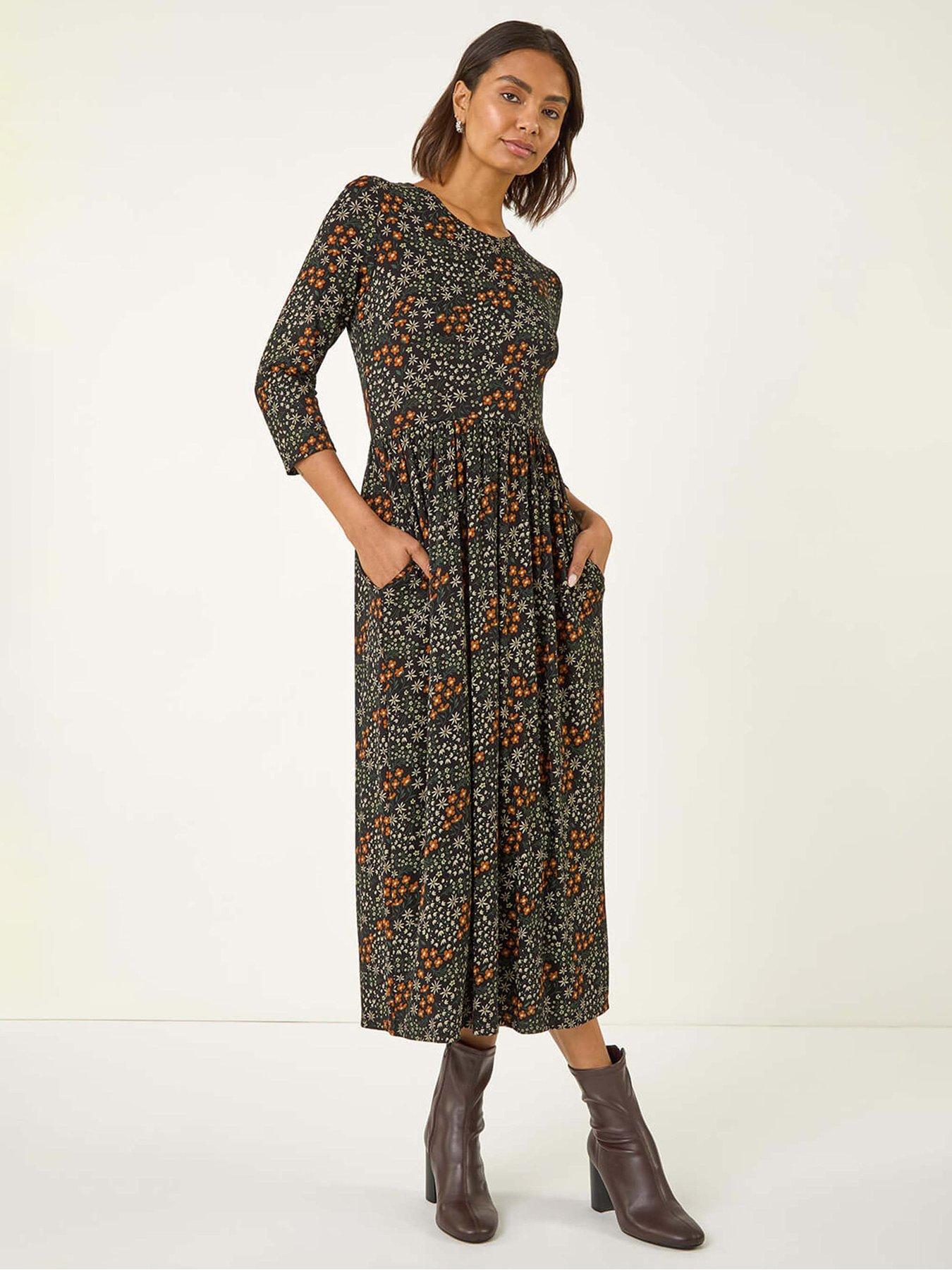 Roman Ditsy Floral Gathered Midi Dress - Black