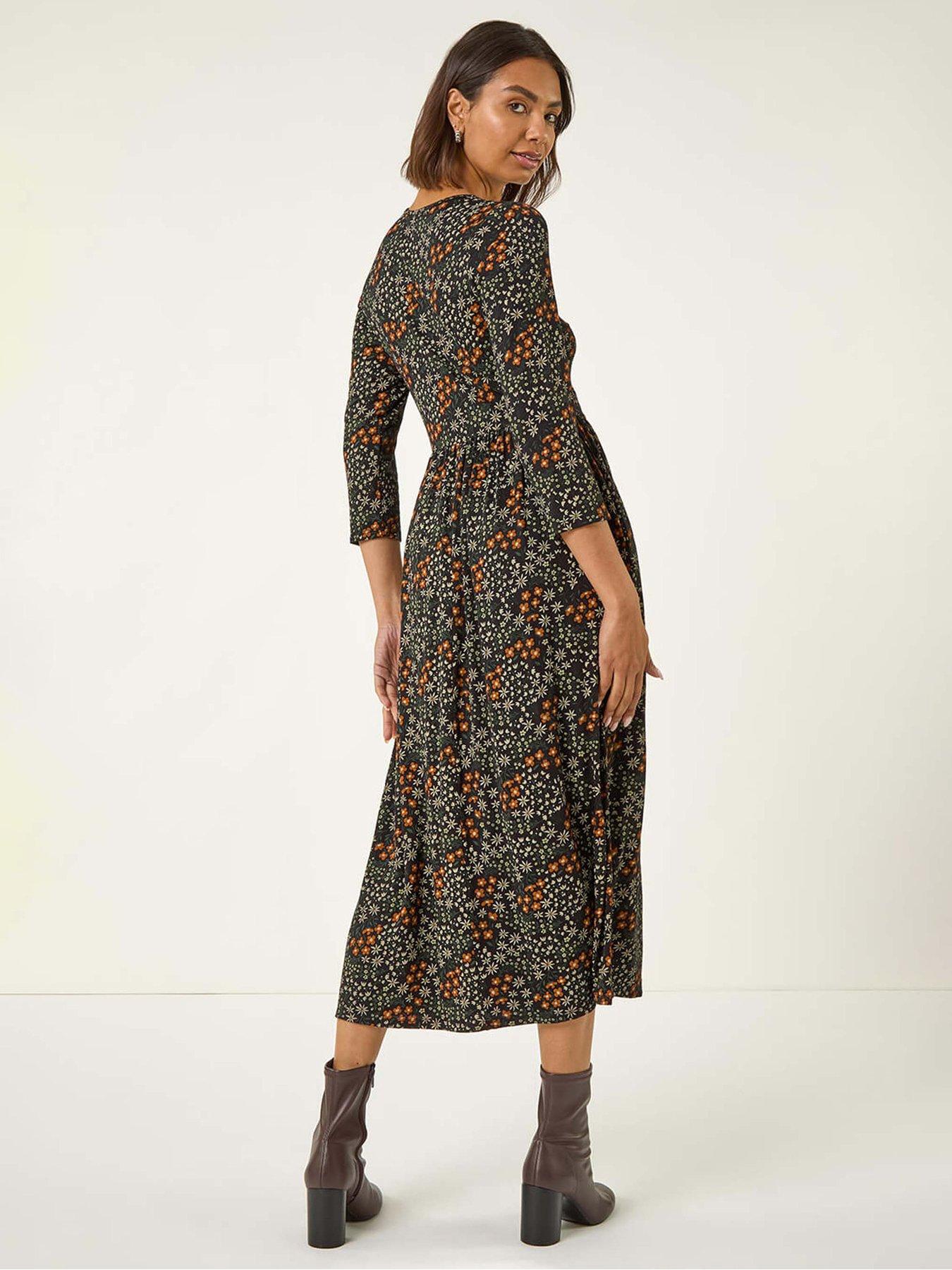 Image 2 of 5 of Roman Ditsy Floral Gathered Midi Dress - Black