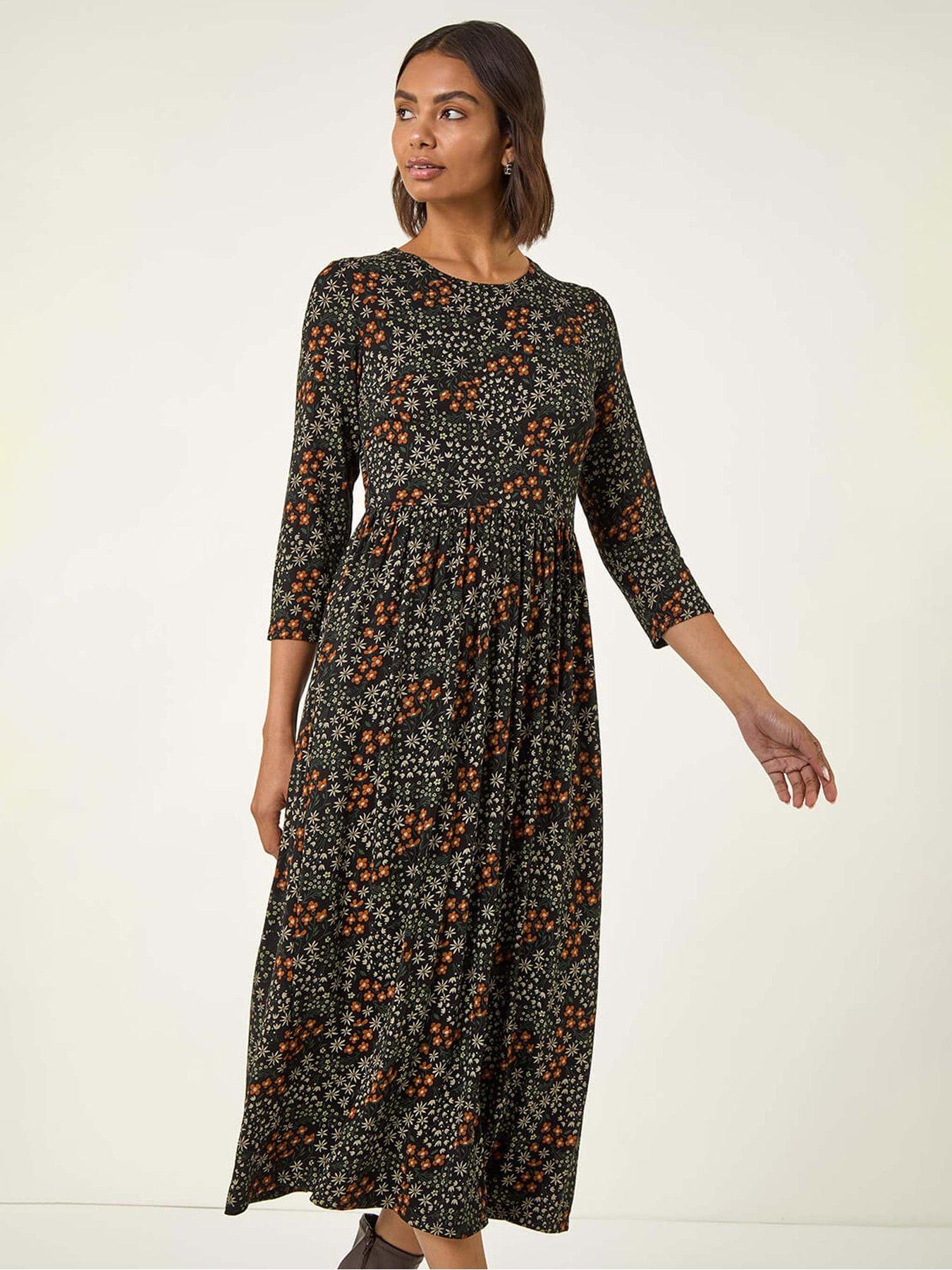 Image 3 of 5 of Roman Ditsy Floral Gathered Midi Dress - Black