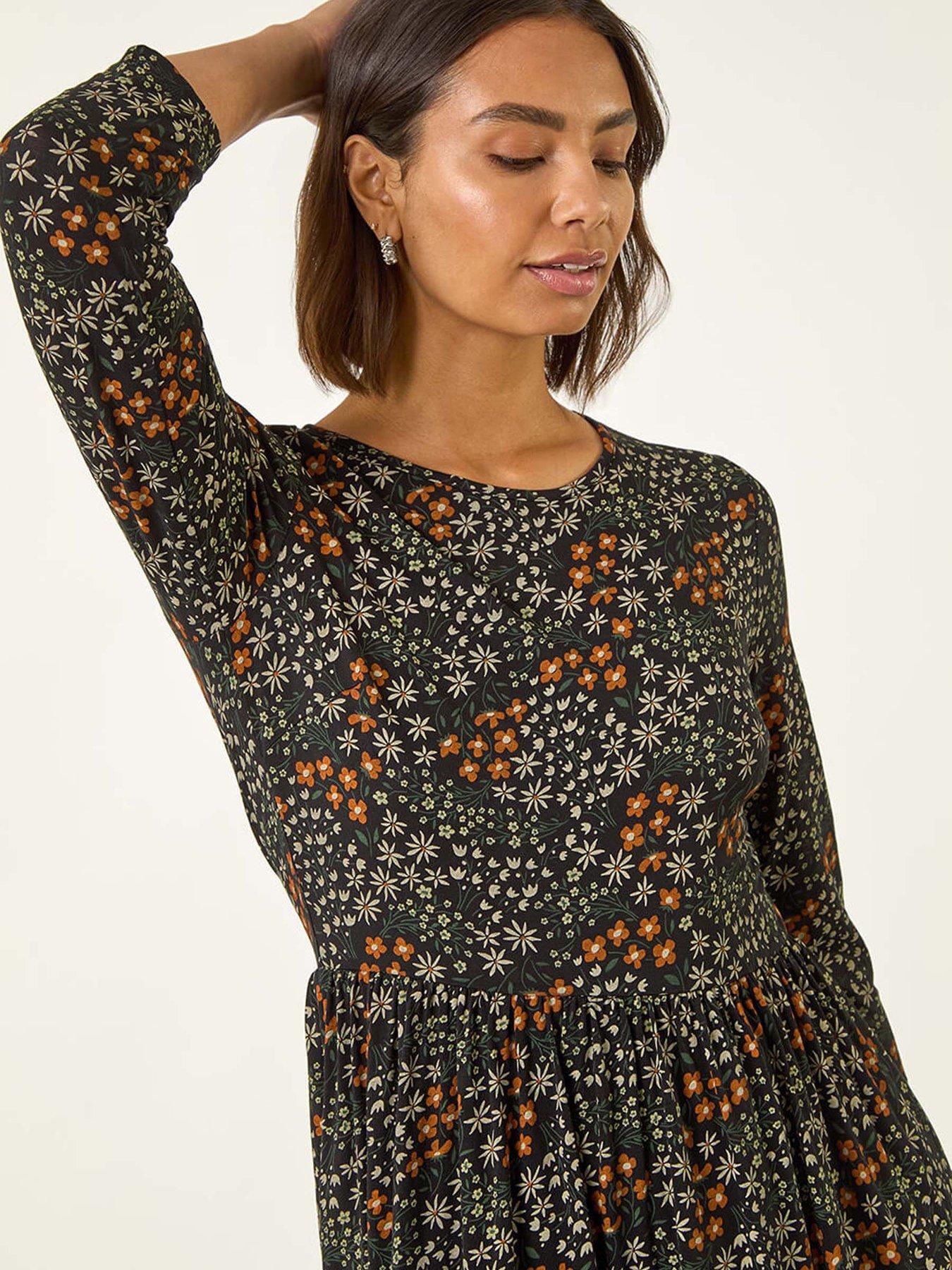 Image 4 of 5 of Roman Ditsy Floral Gathered Midi Dress - Black