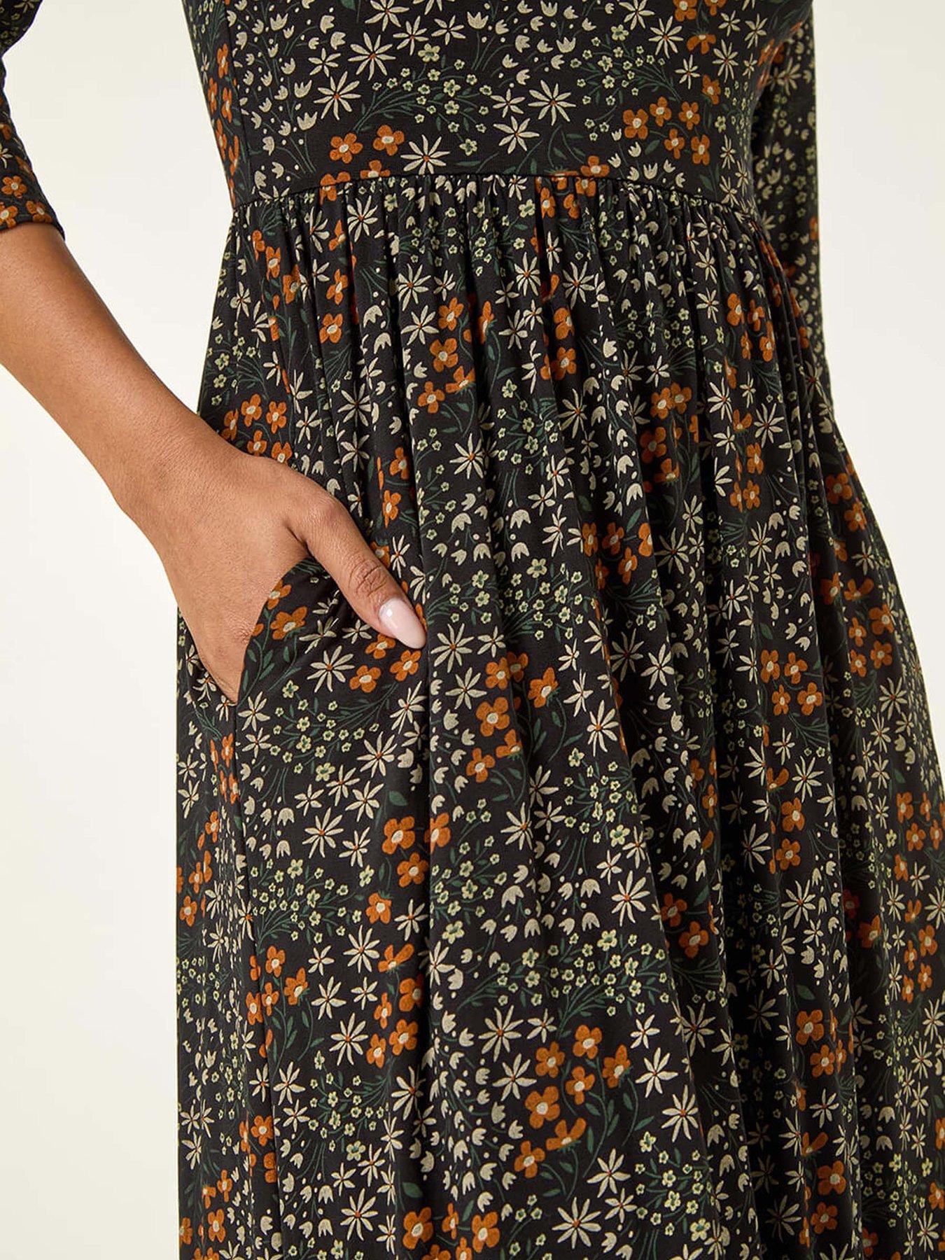 Image 5 of 5 of Roman Ditsy Floral Gathered Midi Dress - Black