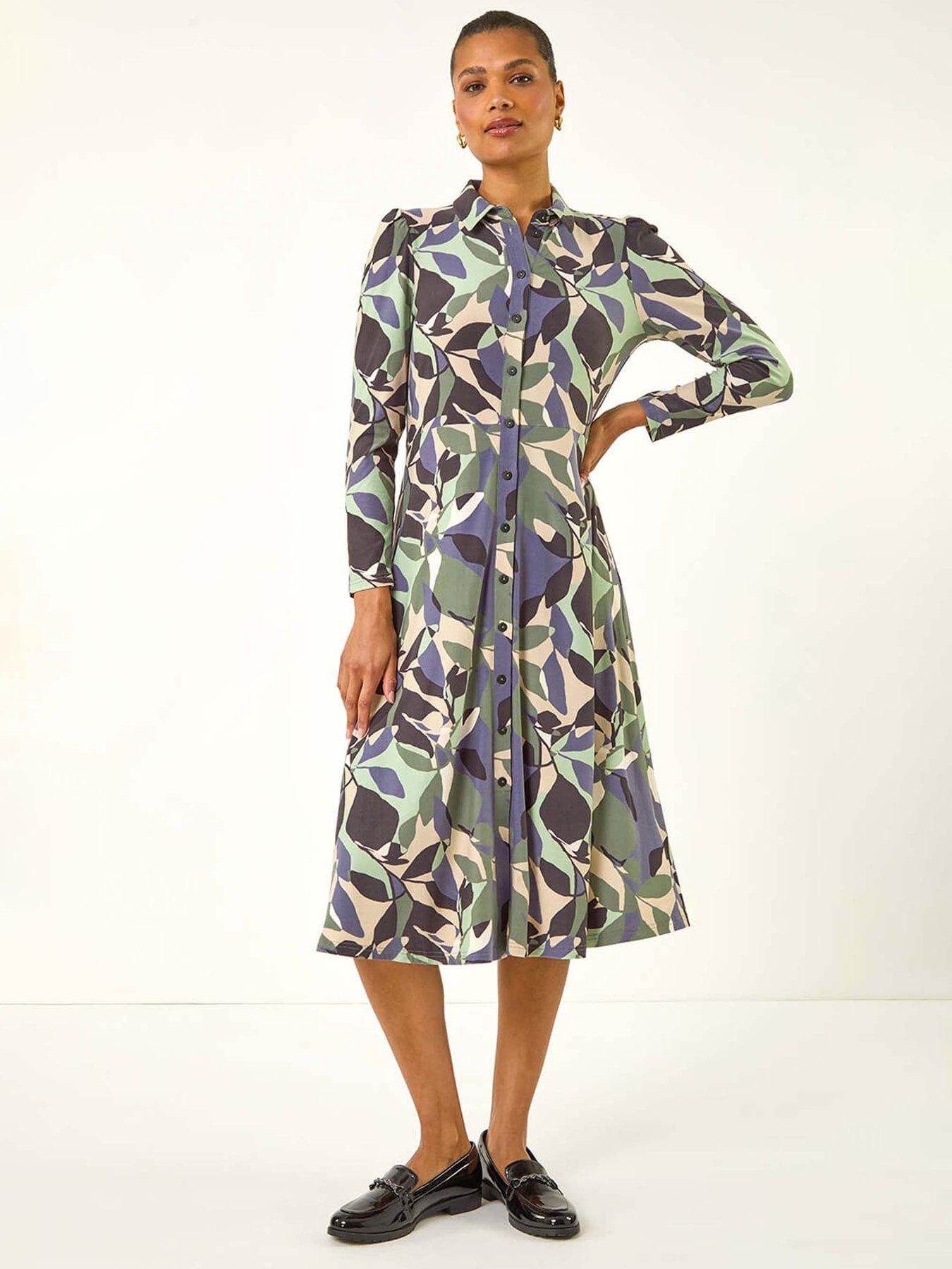 Roman Abstract Leaf Print Shirt Dress - Purple