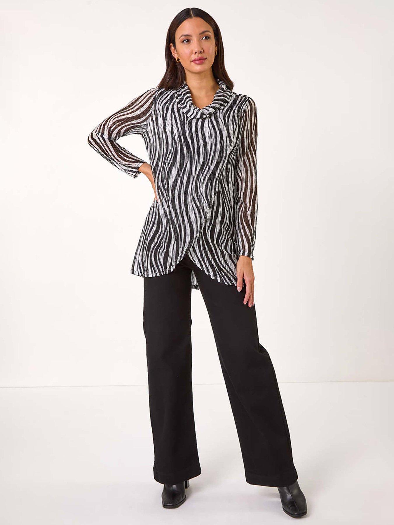 roman-wavy-linear-print-cowl-neck-tunic-blackback