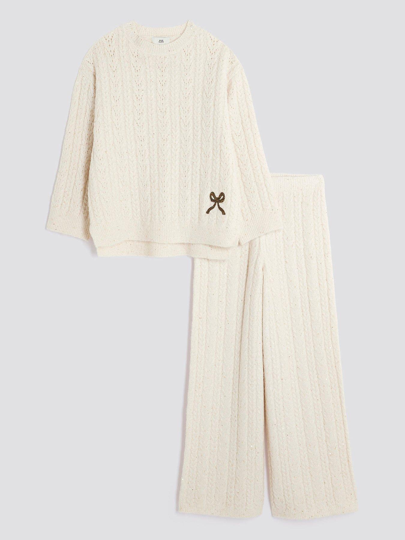River Island Older Girls Cable Wide Leg Pant Set - Cream