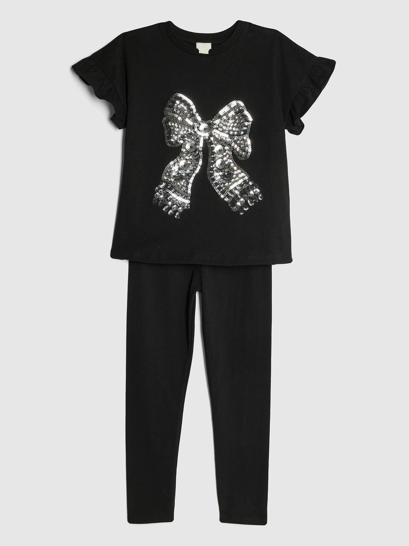 River Island Older Girls Sequin Bow Top  &  Legging Set - Black