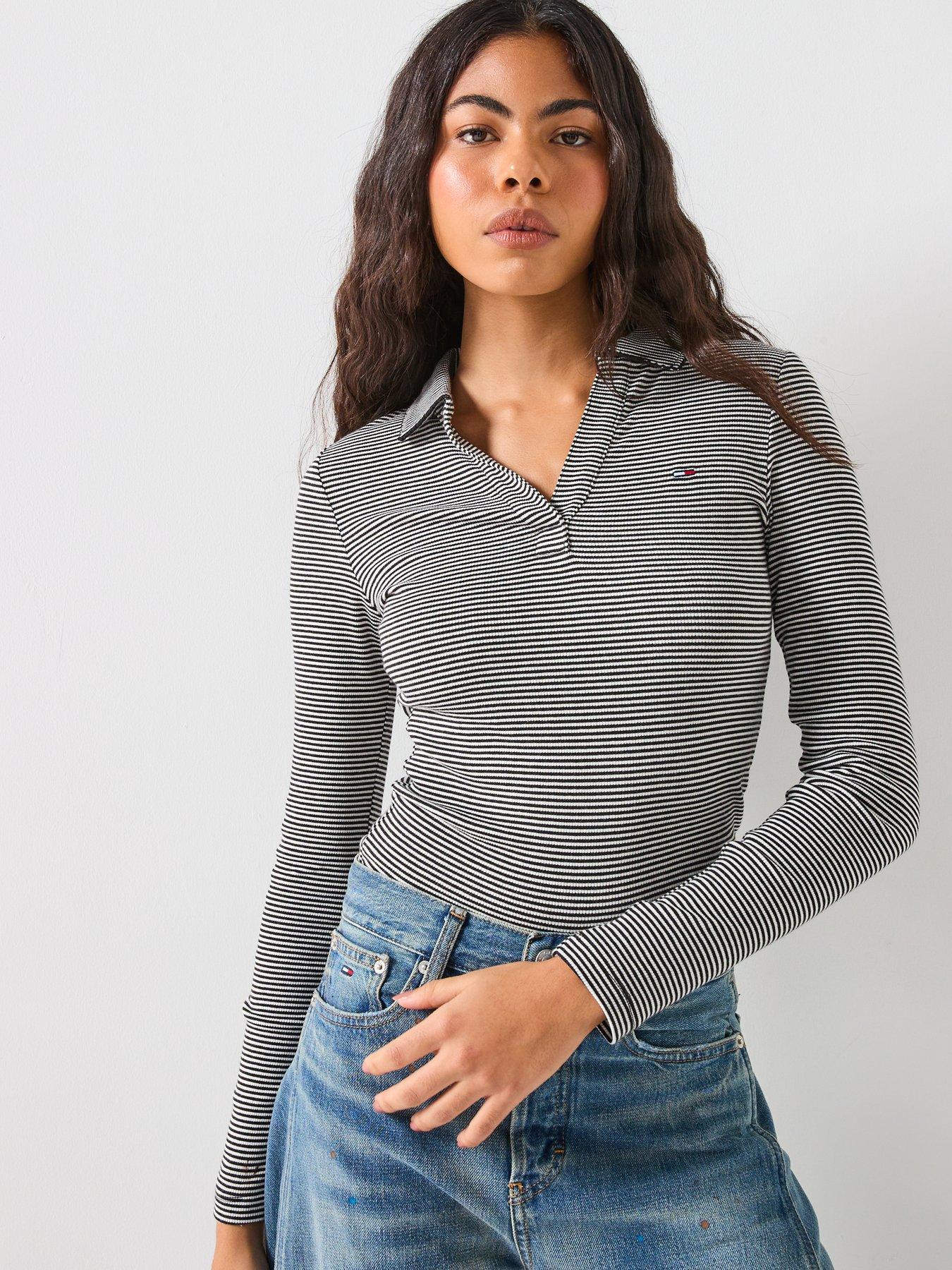 Image 1 of 5 of Tommy Jeans Slim Essential Ribbed Long Sleeve Polo - Black/White Stripe