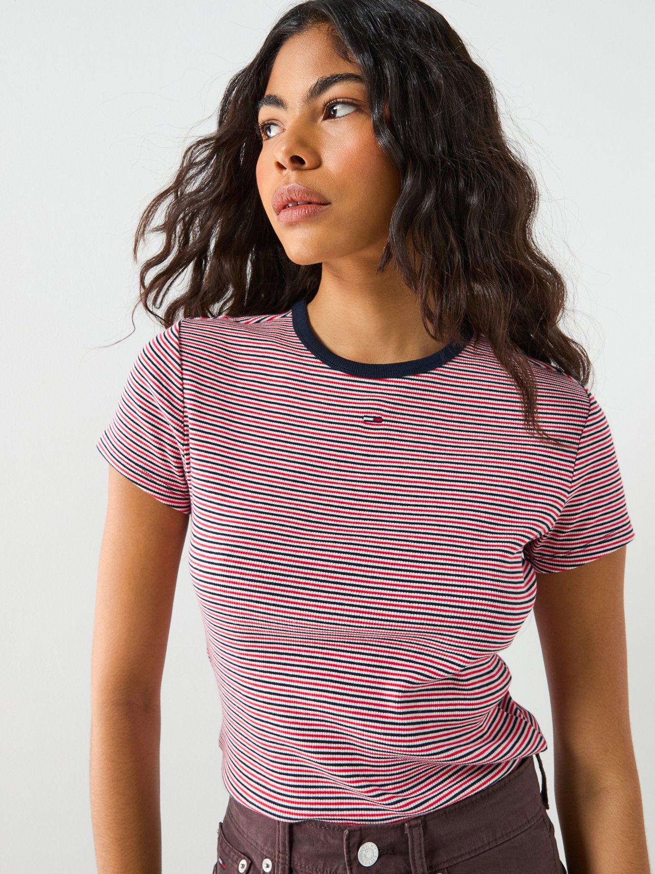 Tommy Jeans Slim Essential Ribbed Mini-Stripe T-Shirt - Red / Navy / White