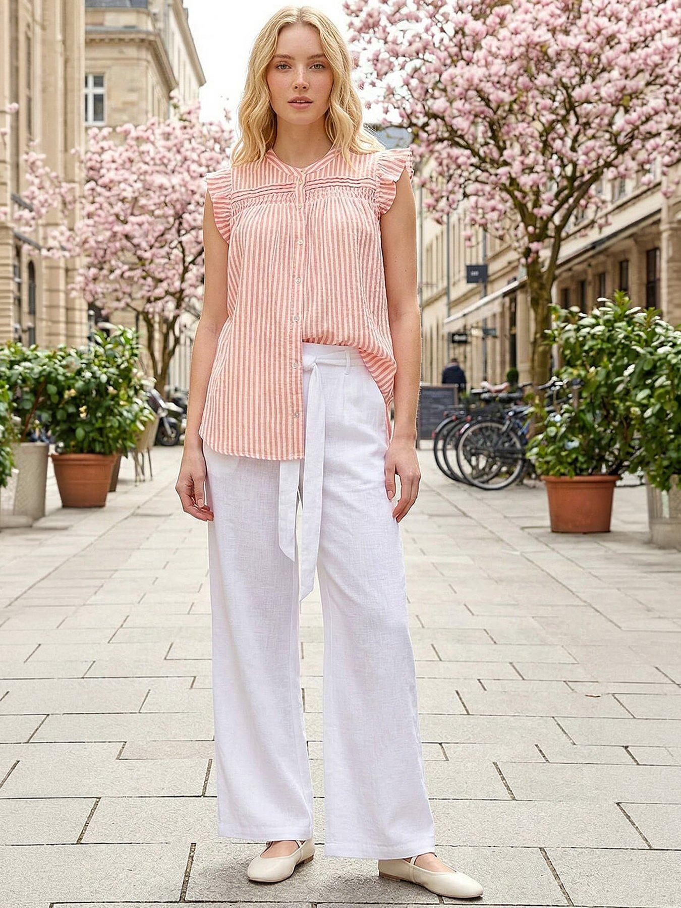 Image 1 of 5 of Roman Stripe Print Frill Blouse - Light Pink