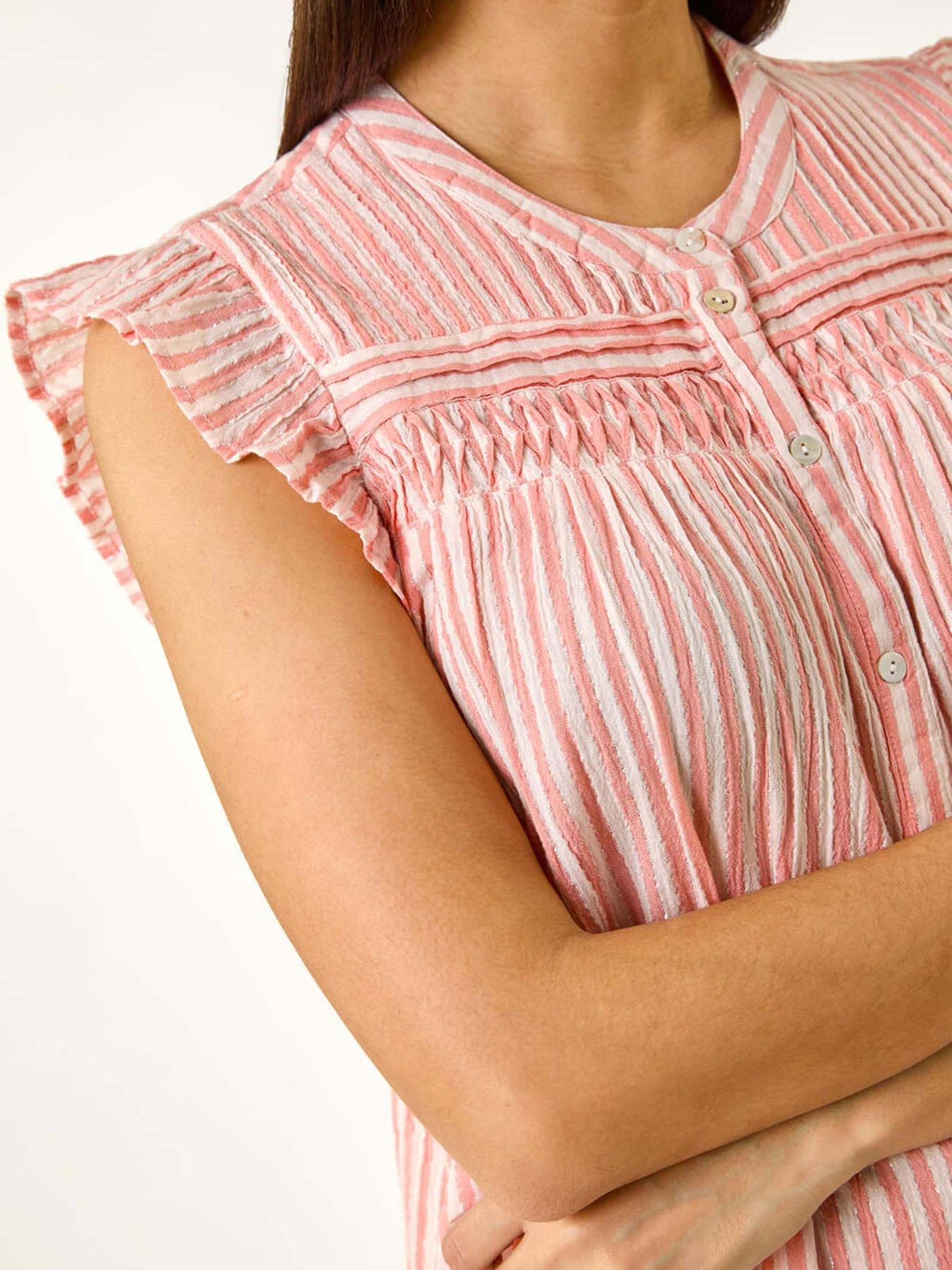 Image 5 of 5 of Roman Stripe Print Frill Blouse - Light Pink