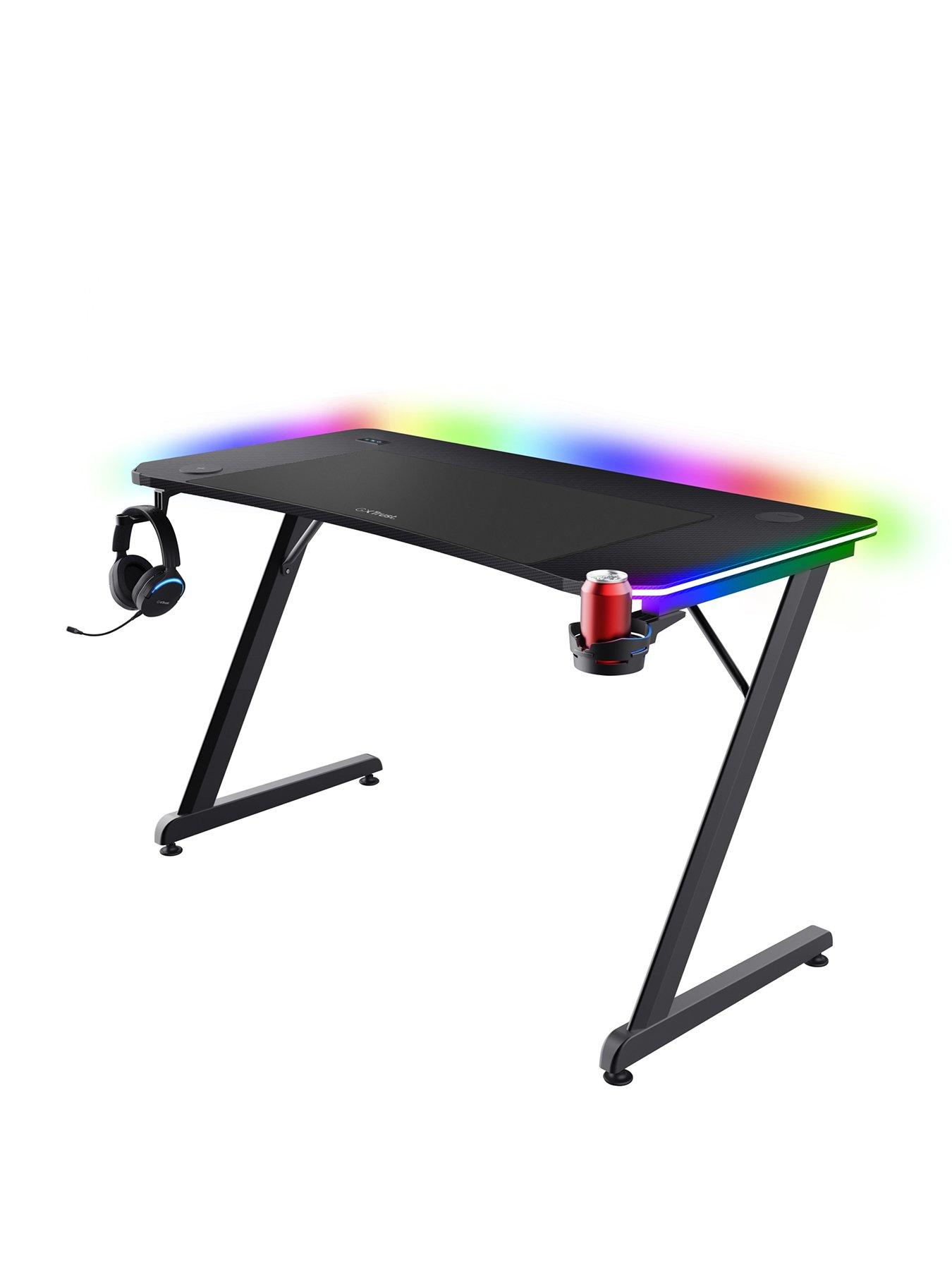 Trust GXT710 Luminus Pro Gaming Desk with LED RGB, 10 Colour Modes, Built-in 10W Wireless Charger - Black