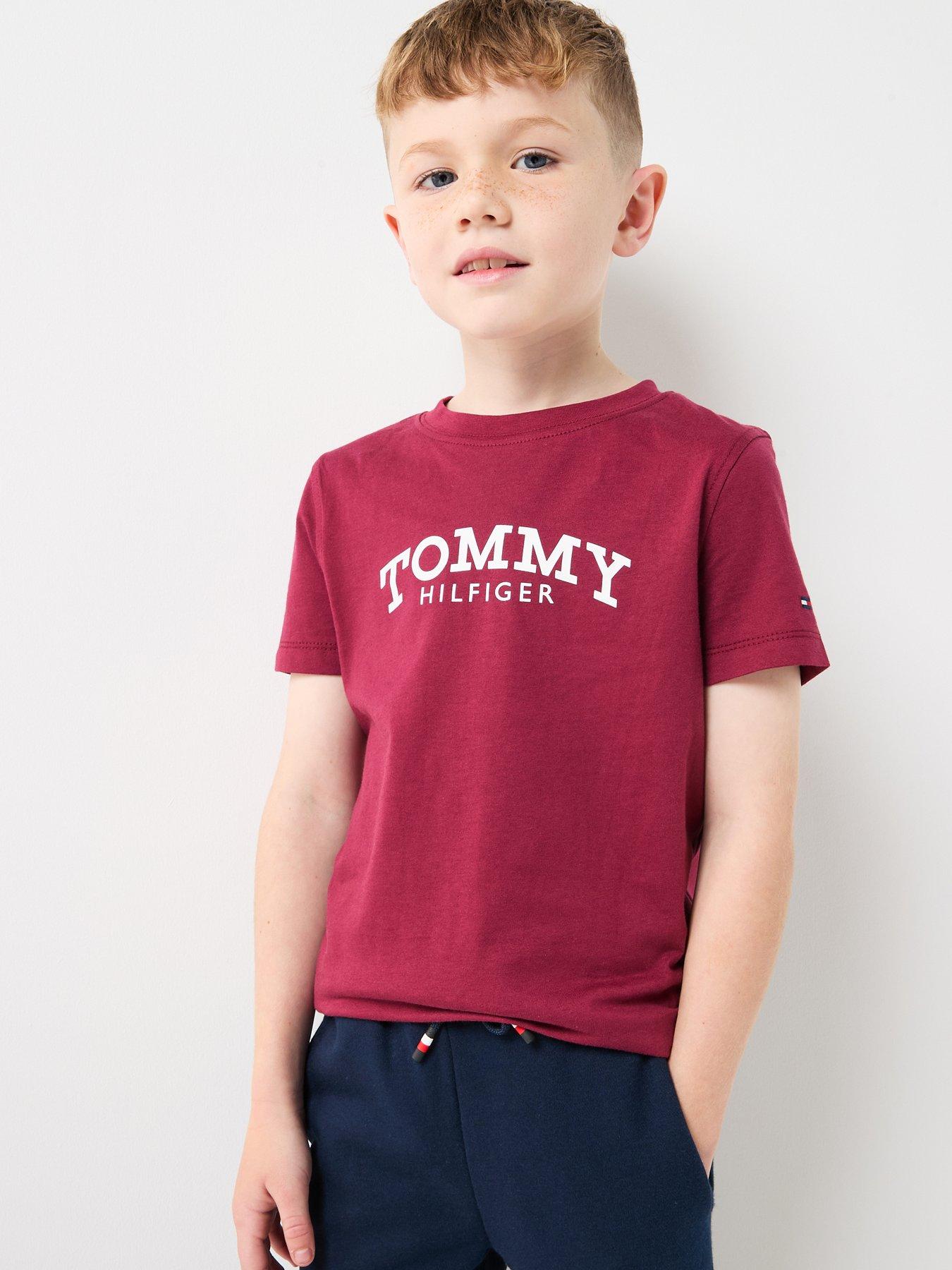 Image 1 of 5 of Tommy Hilfiger Boys Monotype Print Graphic Short Sleeve T-Shirt - Dark Red