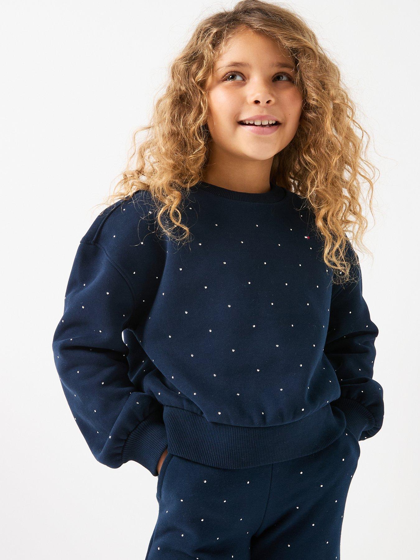 Image 1 of 5 of Tommy Hilfiger Girls Festive Stud Crew Neck Sweatshirt - Navy