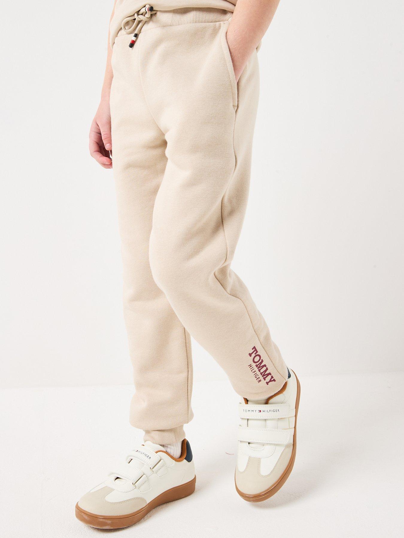 Image 1 of 6 of Tommy Hilfiger Boys Logo Print Brushed Fleece Joggers - Beige
