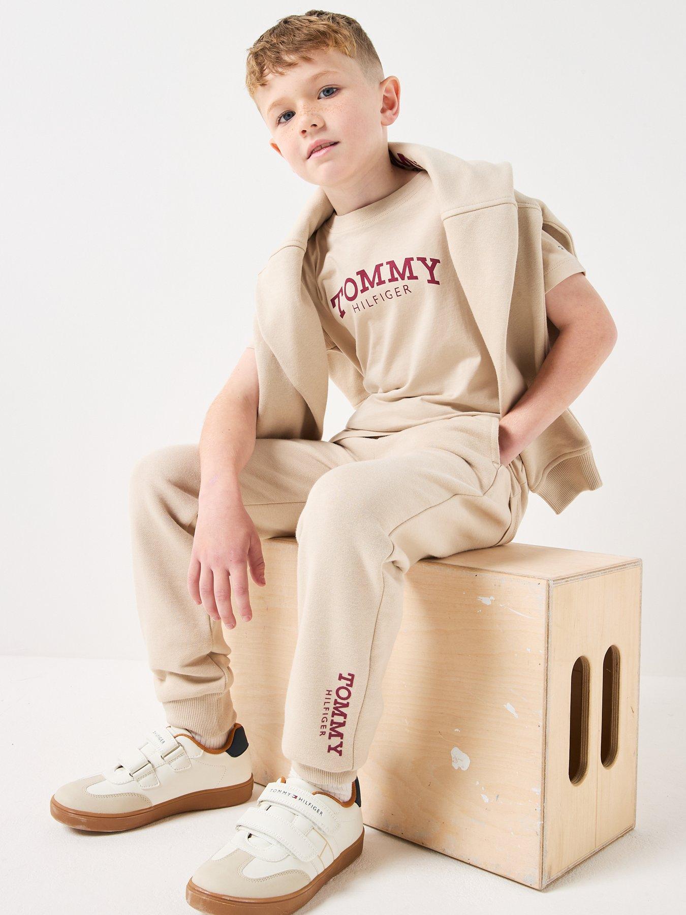 Image 3 of 6 of Tommy Hilfiger Boys Logo Print Brushed Fleece Joggers - Beige