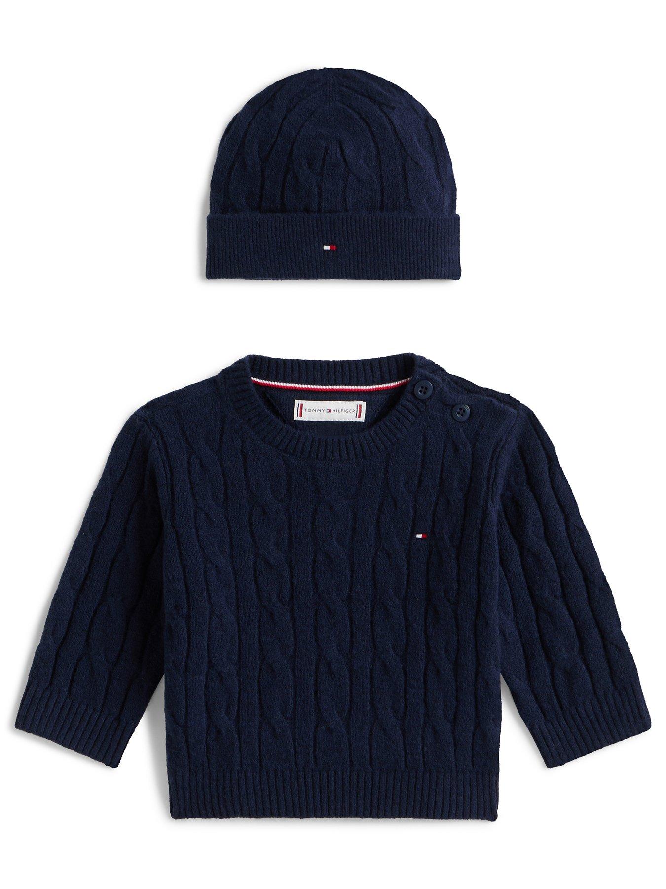 tommy-hilfiger-baby-cable-crew-neck-jumper-and-beanie-hat-set-navy