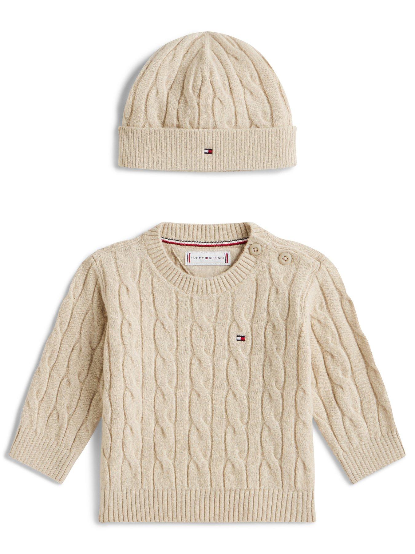 tommy-hilfiger-baby-cable-crew-neck-jumper-and-beanie-hat-set-beige