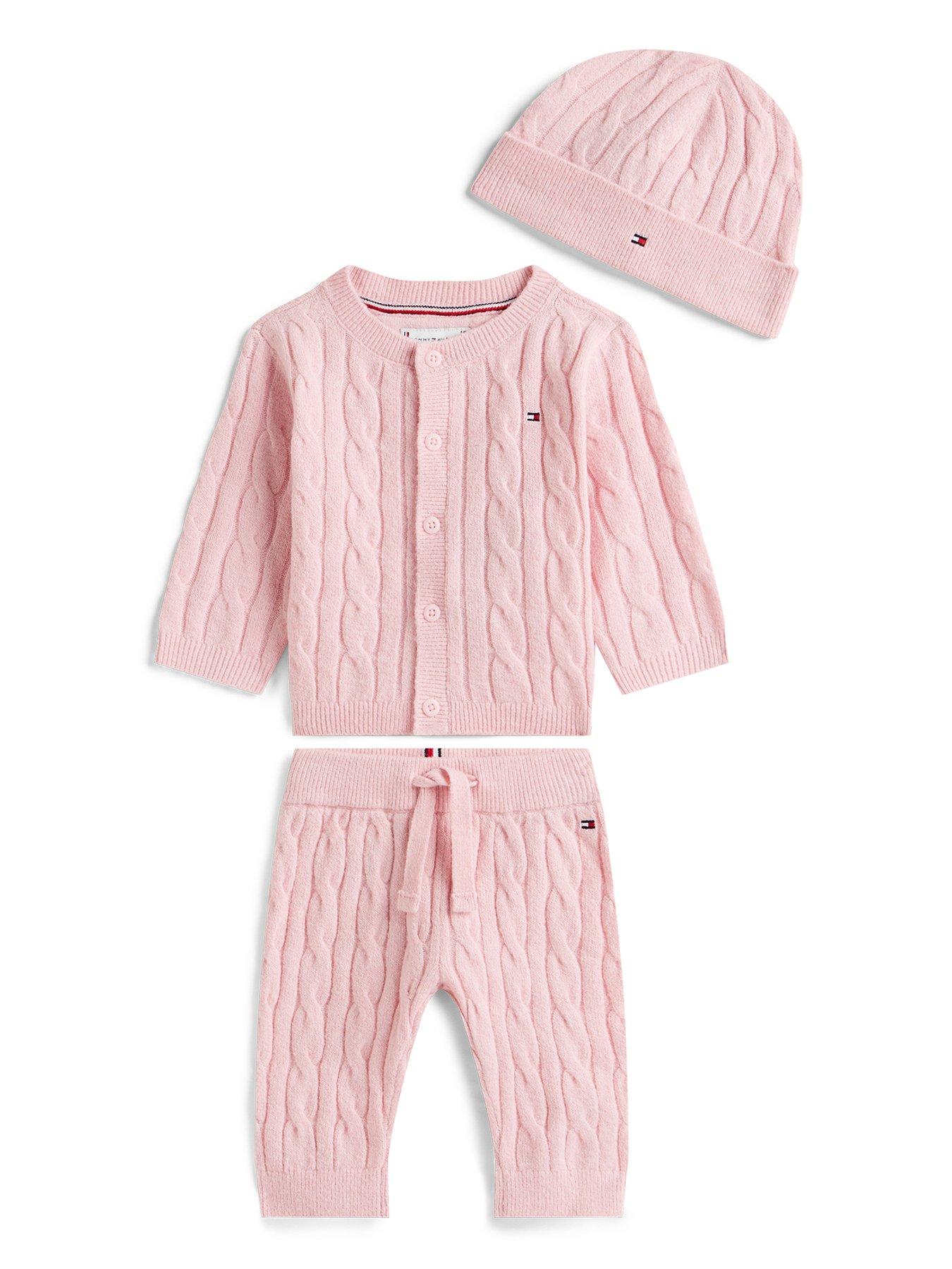 Image 1 of 2 of Tommy Hilfiger Baby Girls Cable Cardigan And Trousers Set With Beanie - Pink