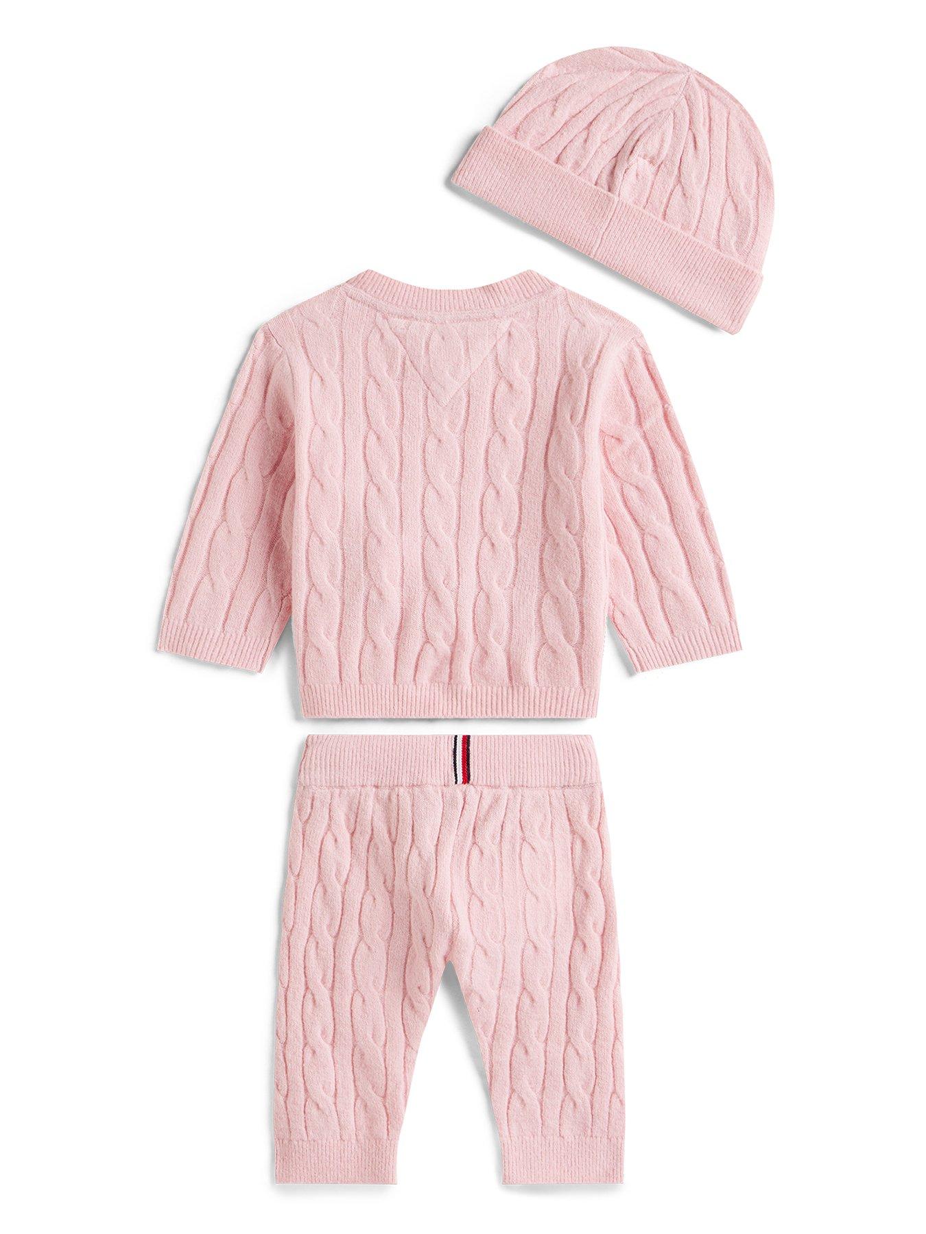 Image 2 of 2 of Tommy Hilfiger Baby Girls Cable Cardigan And Trousers Set With Beanie - Pink