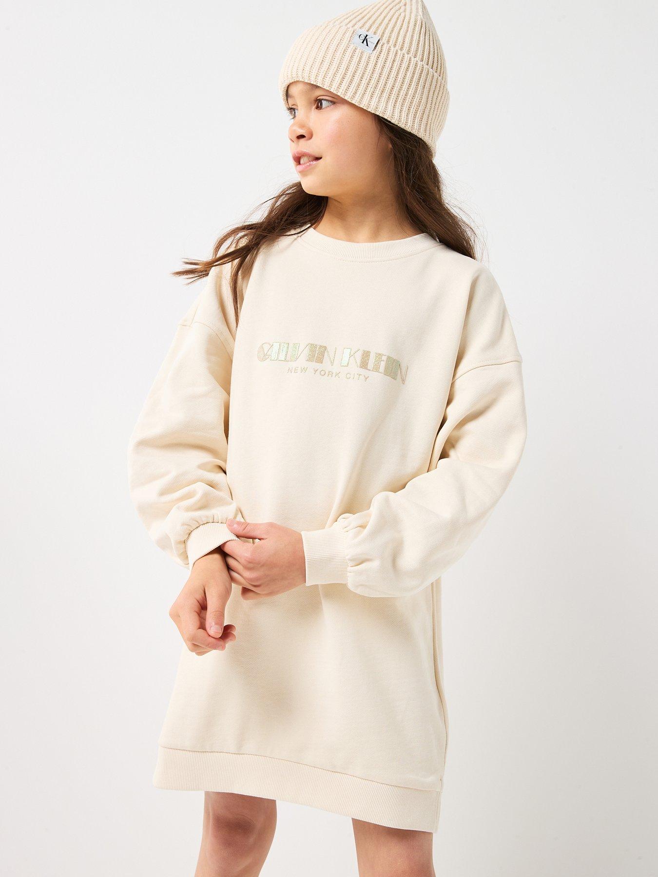 Calvin Klein Jeans Girls Glitter Long Sleeve Sweat Dress - Cream