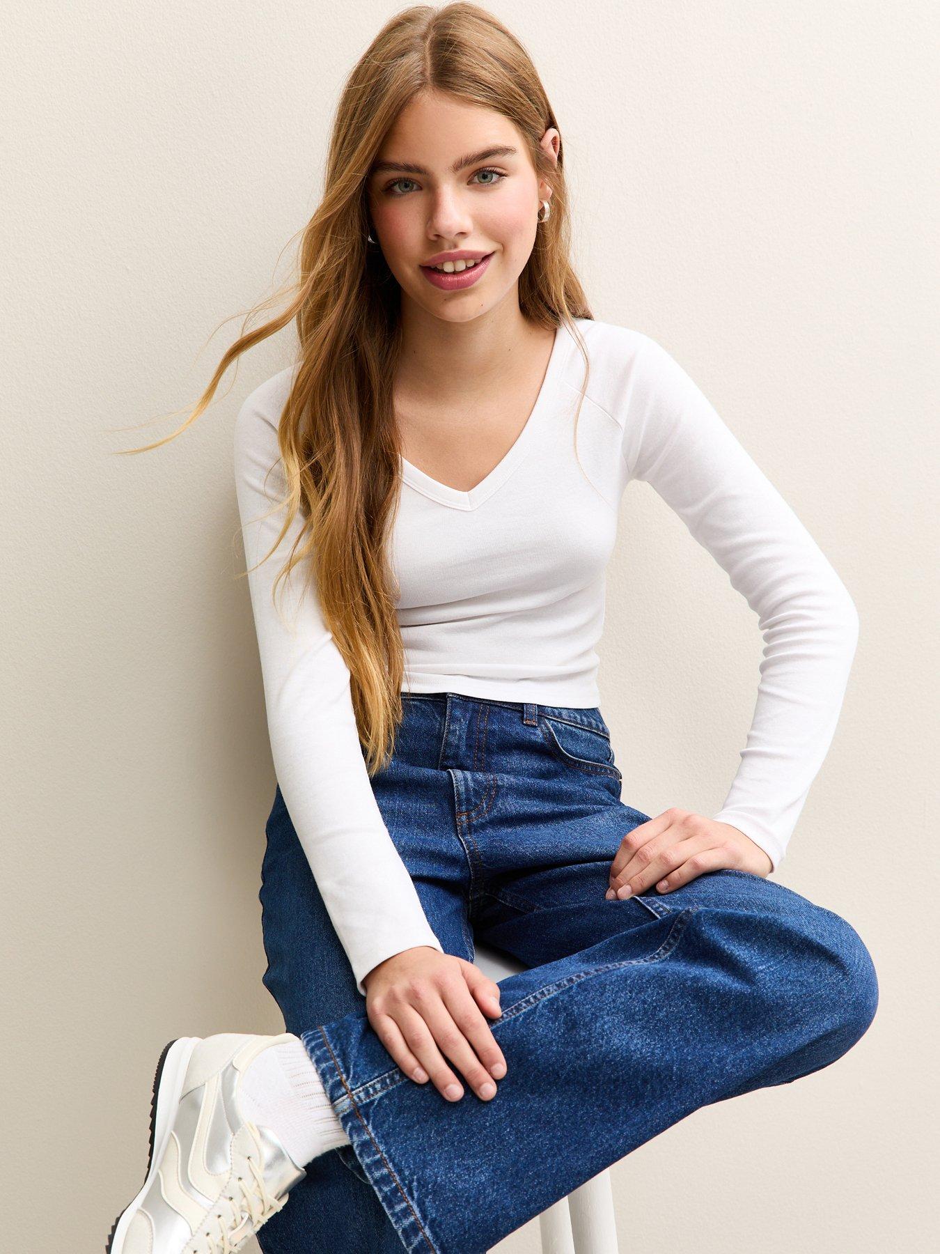 new-look-915-girls-v-neck-long-sleeve-plain-top-white