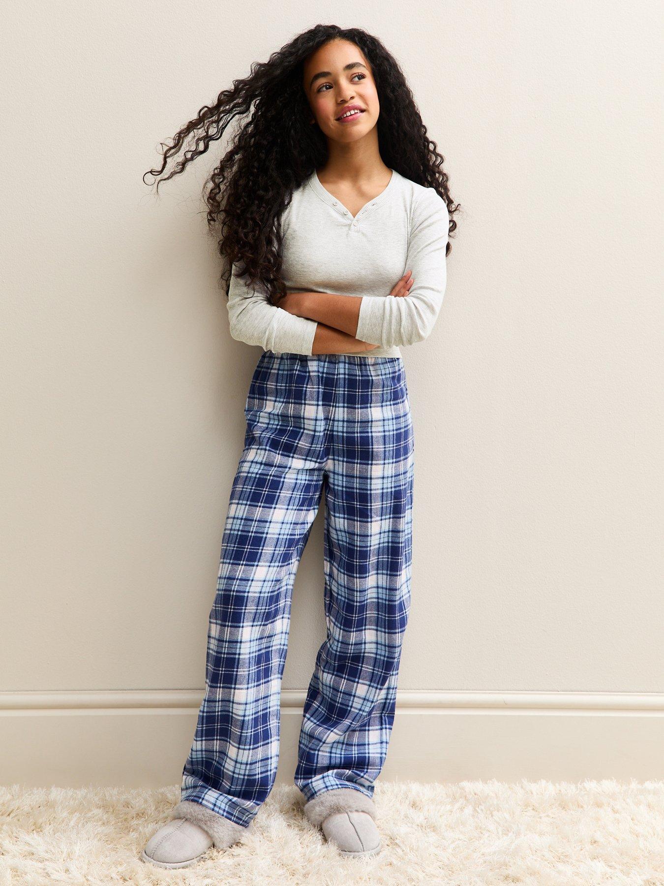new-look-915-girls-henley-top-and-checked-bottoms-pyjamas-set-light-grey