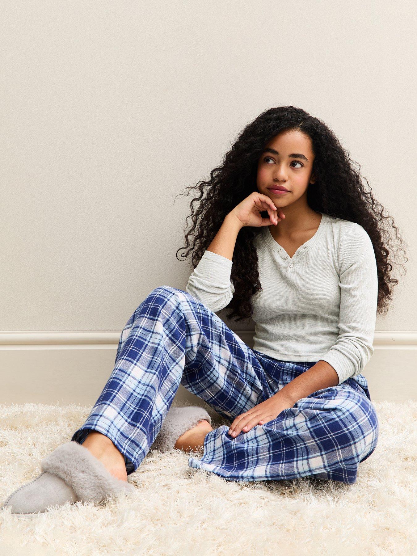 Image 3 of 6 of New Look 915 Girls Henley Top And Checked Bottoms Pyjamas Set - Light Grey