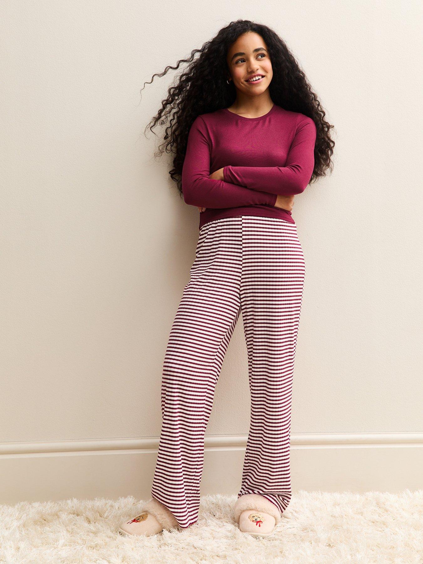 New Look 915 Girls Long Sleeve Top And Striped Trousers Pyjamas Set - Dark Burgundy