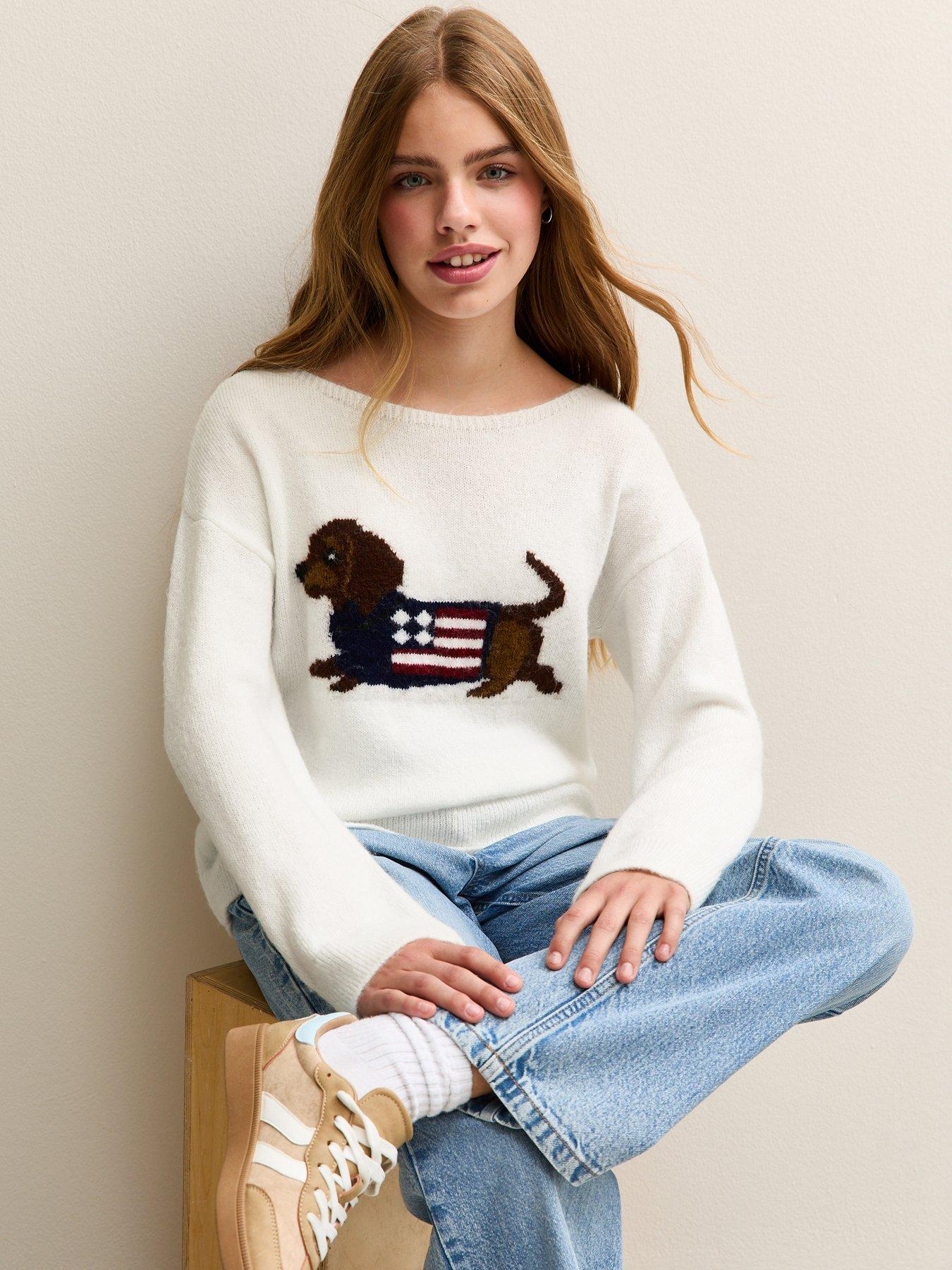new-look-915-girls-white-sausage-dog-design-slash-neck-jumper