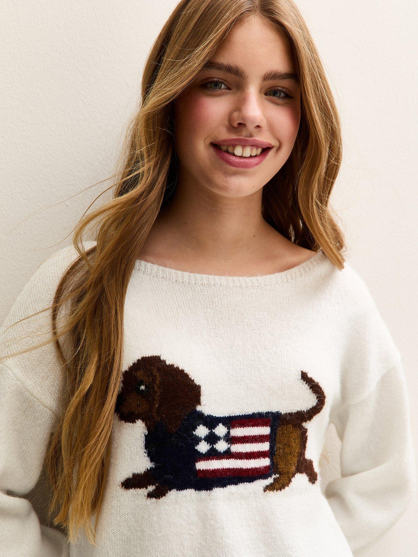 Image 4 of 5 of New Look 915 Girls White Sausage Dog Design Slash Neck Jumper