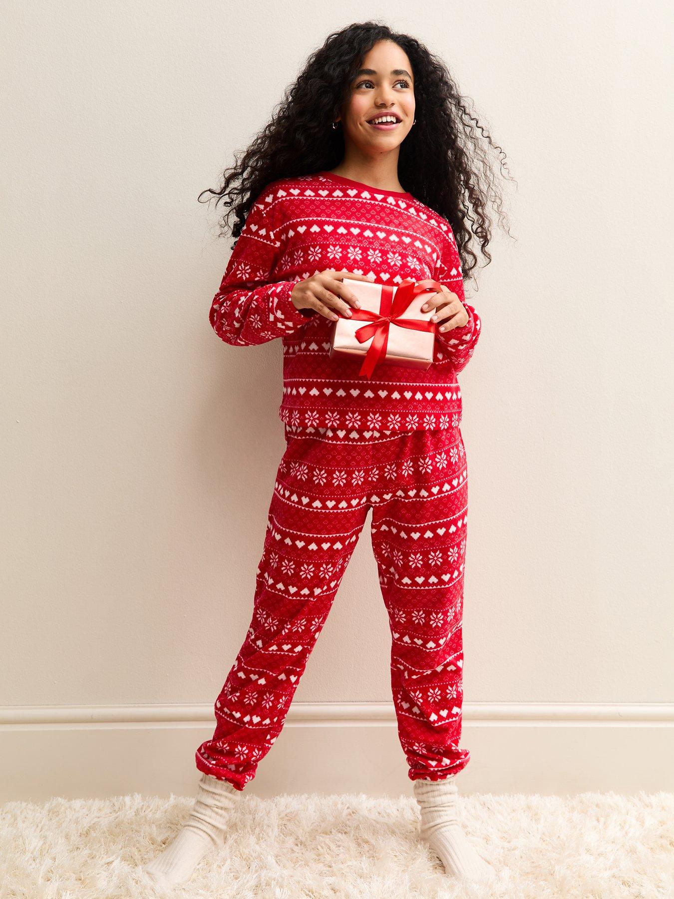 new-look-915-girls-fairisle-long-sleeve-top-and-tapered-trousers-pyjama-set-red