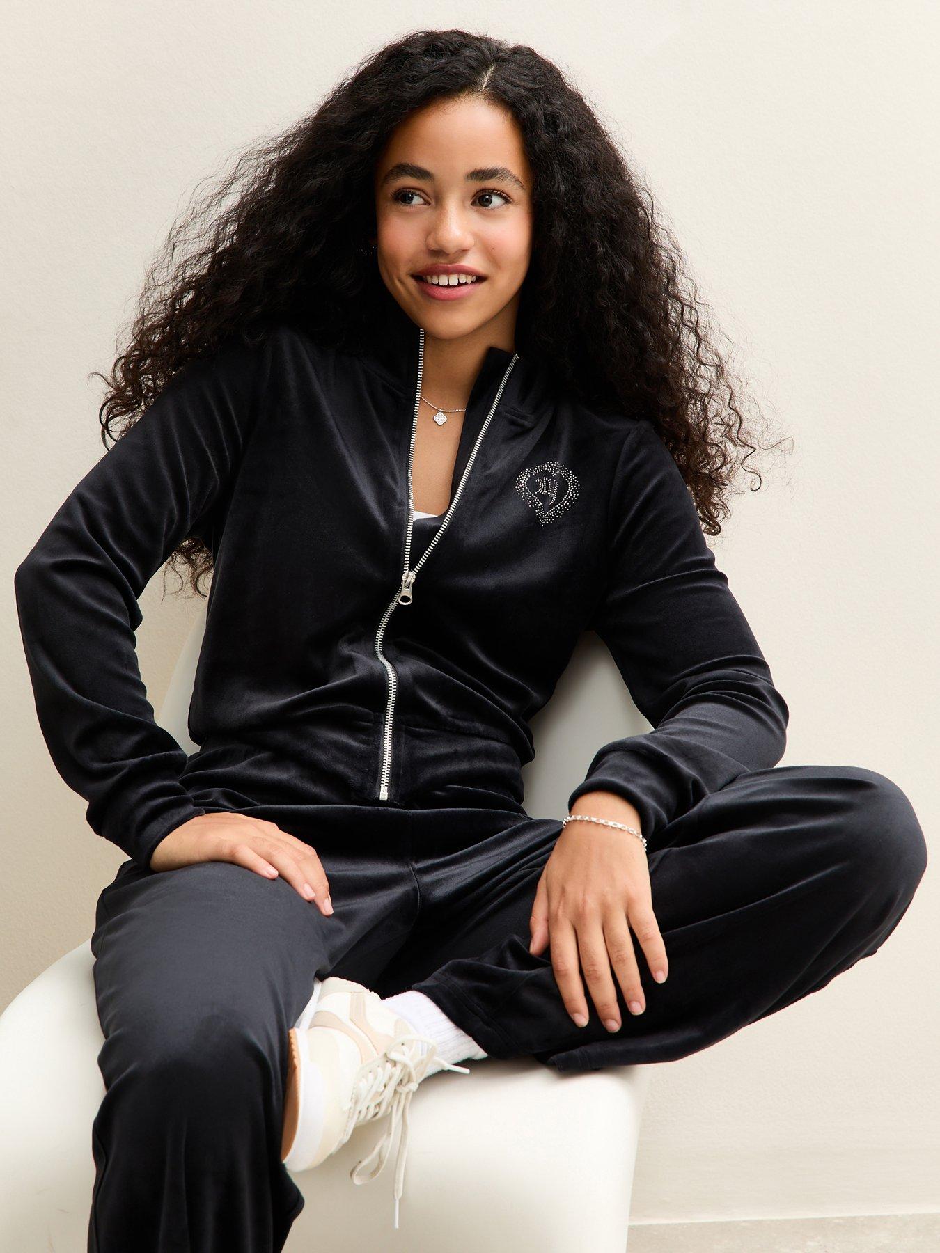 New Look 915 Girls Velour Diamante Embellished York Zip Up Top - Black