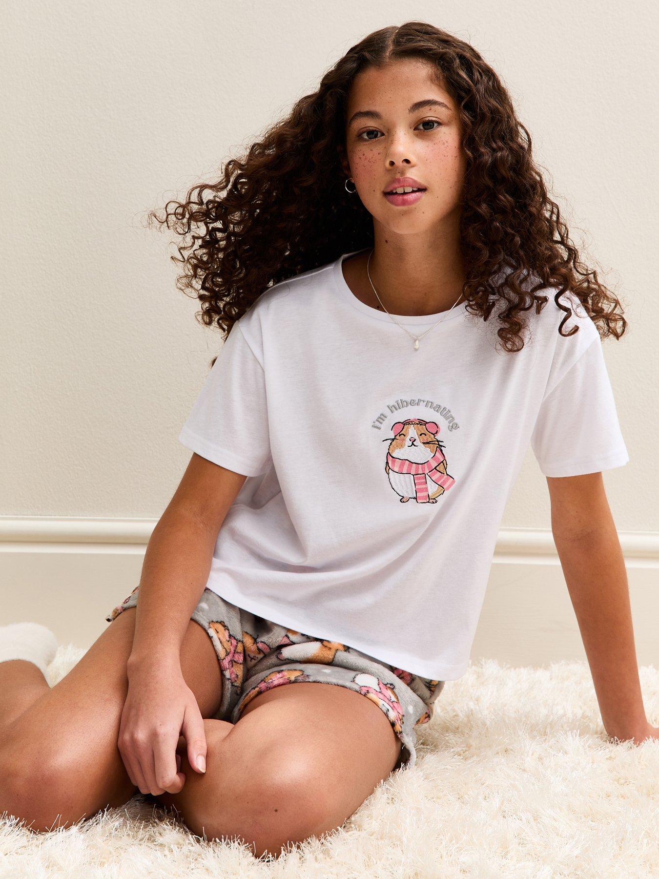 New Look 915 Girls Maise Hamster Print T-Shirt And Fleece Shorts Pyjama Set - White