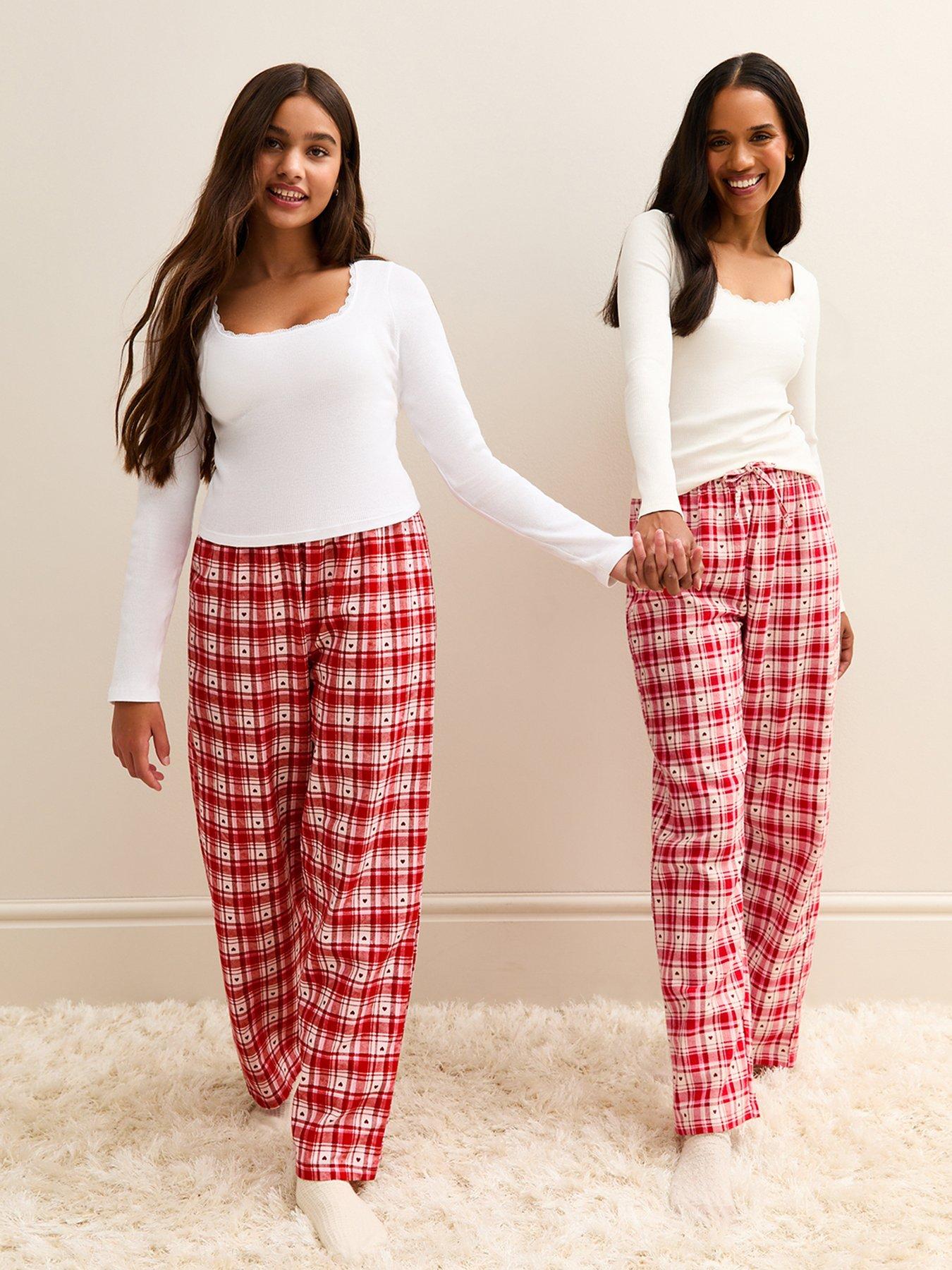 Image 1 of 6 of New Look 915 Girls Red Long Sleeve Top And Check Trousers Pyjama Set - White