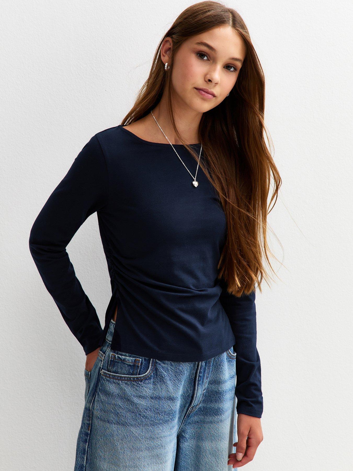 new-look-915-girls-long-sleeve-ruched-side-slit-top-navy