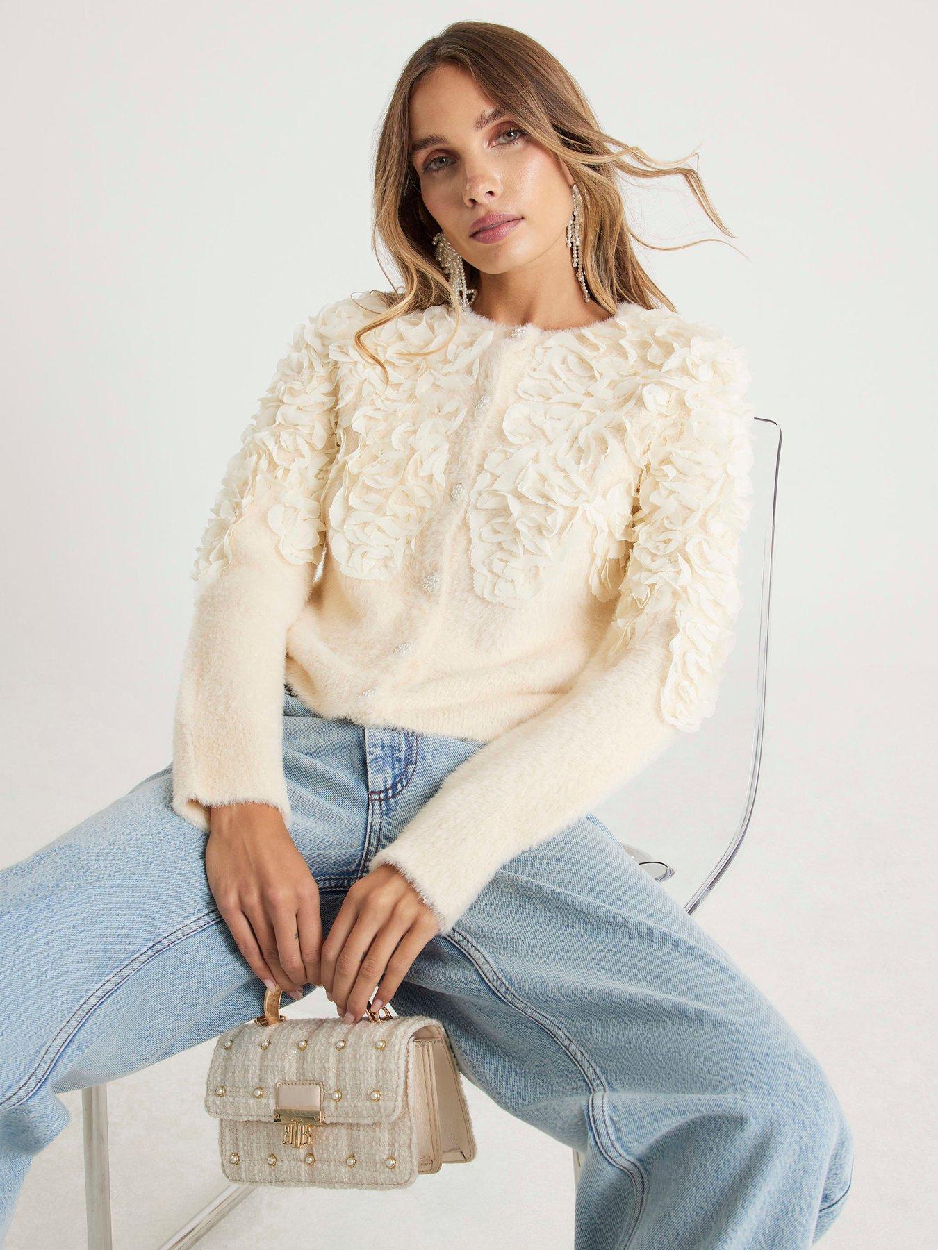 River Island 3D Chiffon Knit Cardigan - Cream