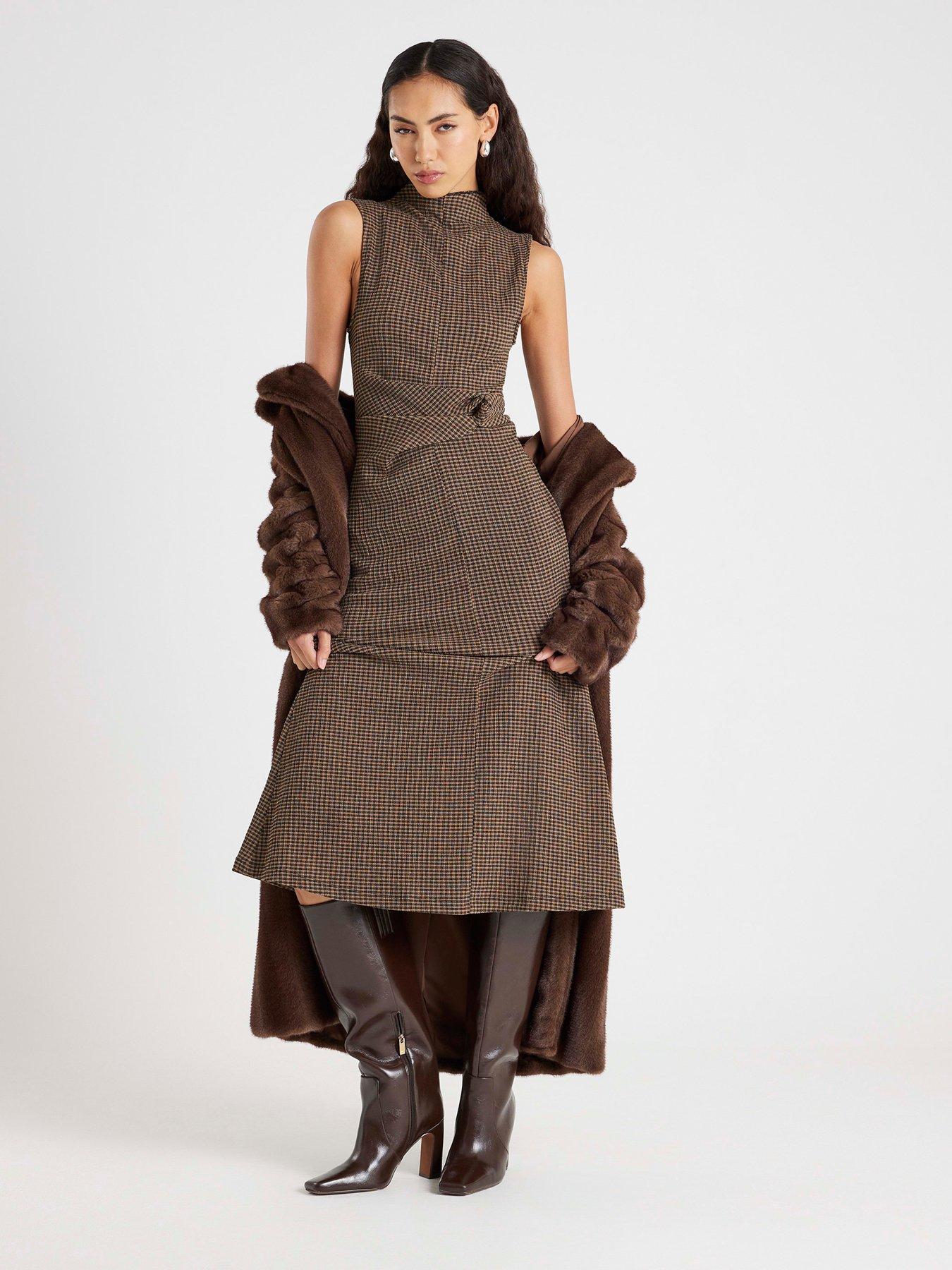 River Island Short Sleeve Twist Side Check Dress - Brown