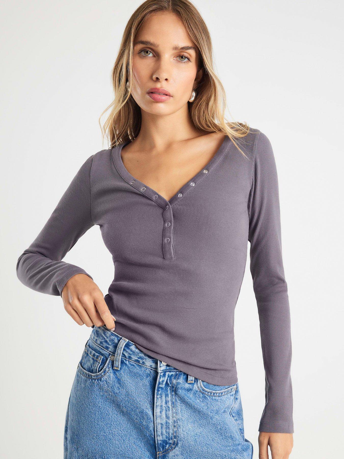 River Island Long Sleeve Popper Rib Top - Grey