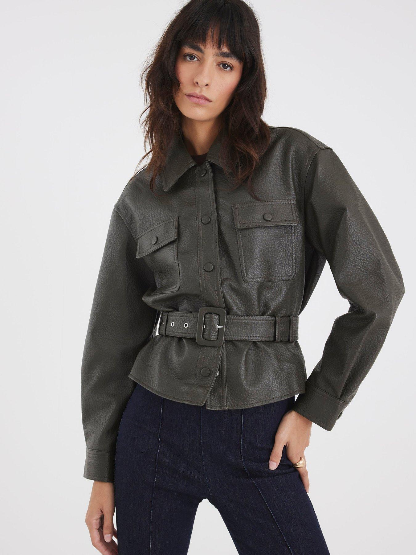 River Island Belted Long Sleeve Pu Shirt - Khaki