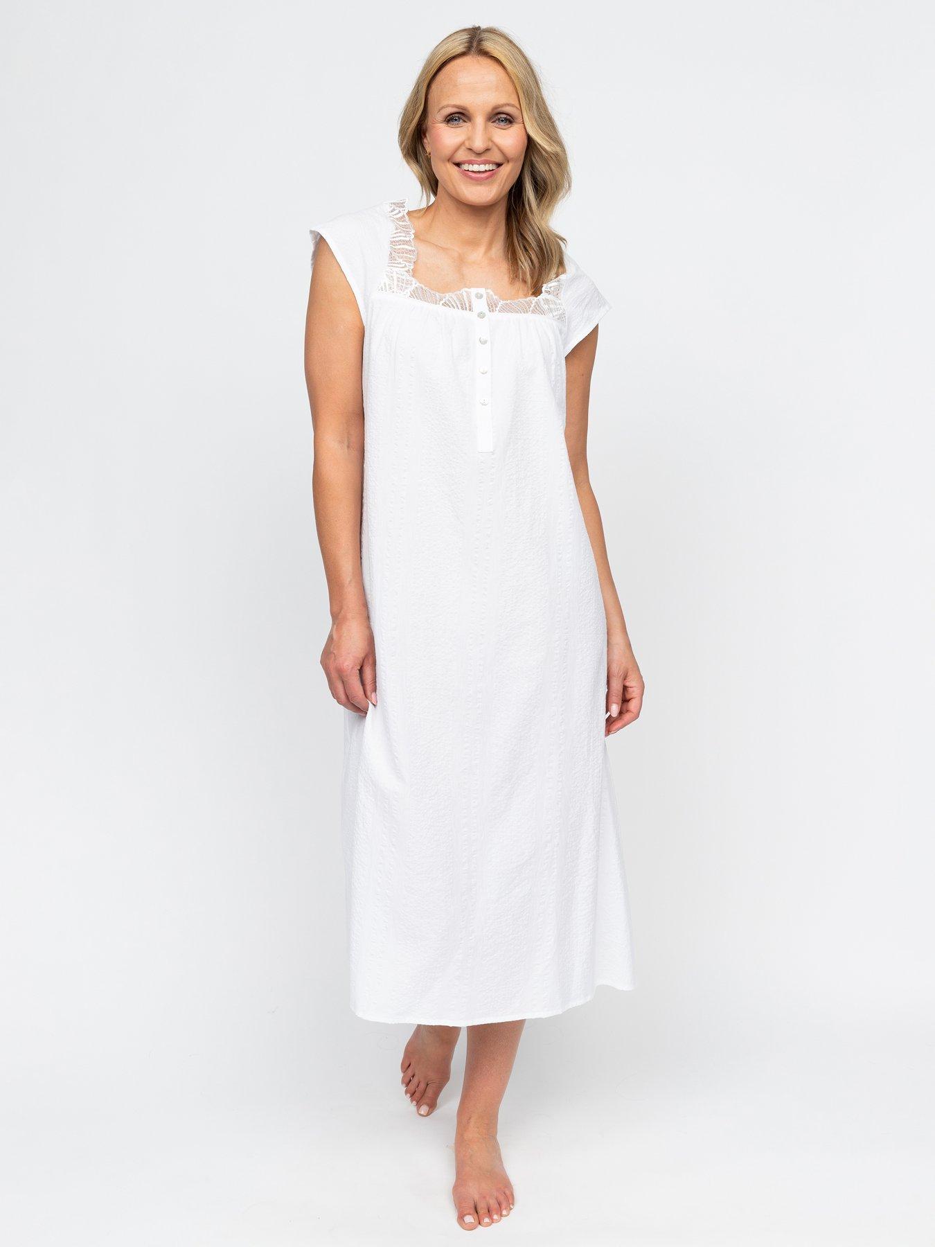 Nora Rose Christina Seersucker Cap Sleeve Long Nightdress - White