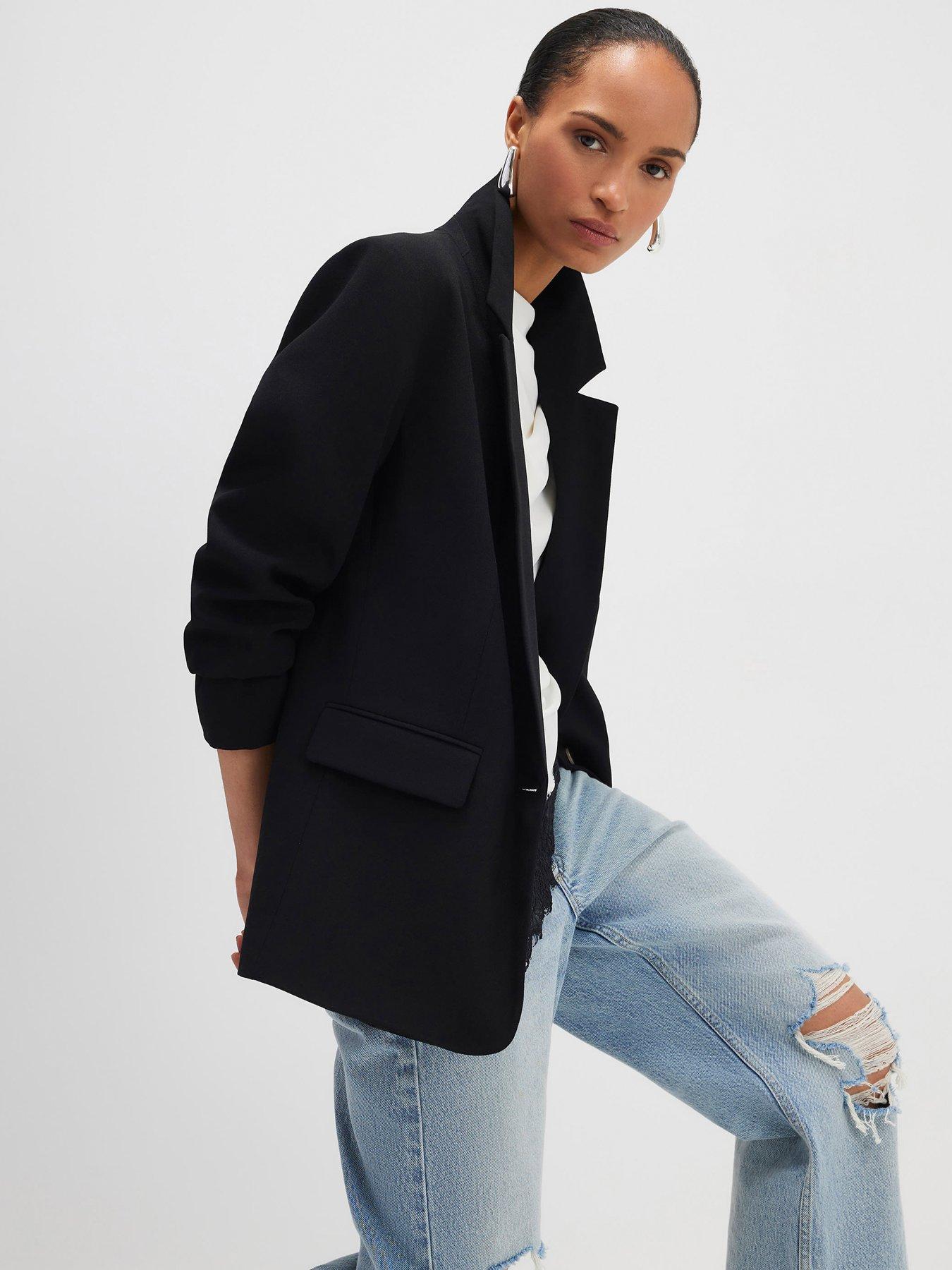 River Island Long Sleeve Crepe Ruched Sleeve Blazer - Black