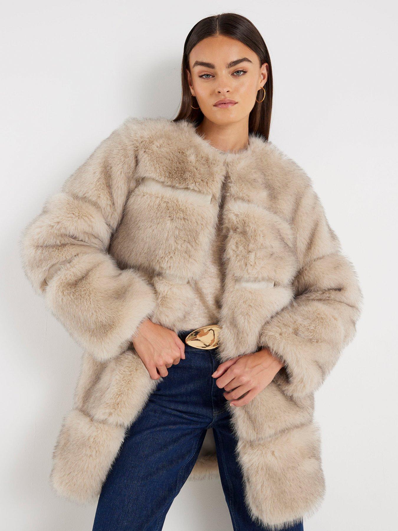 River Island Long Panelled Faux Fur Coat - Cream