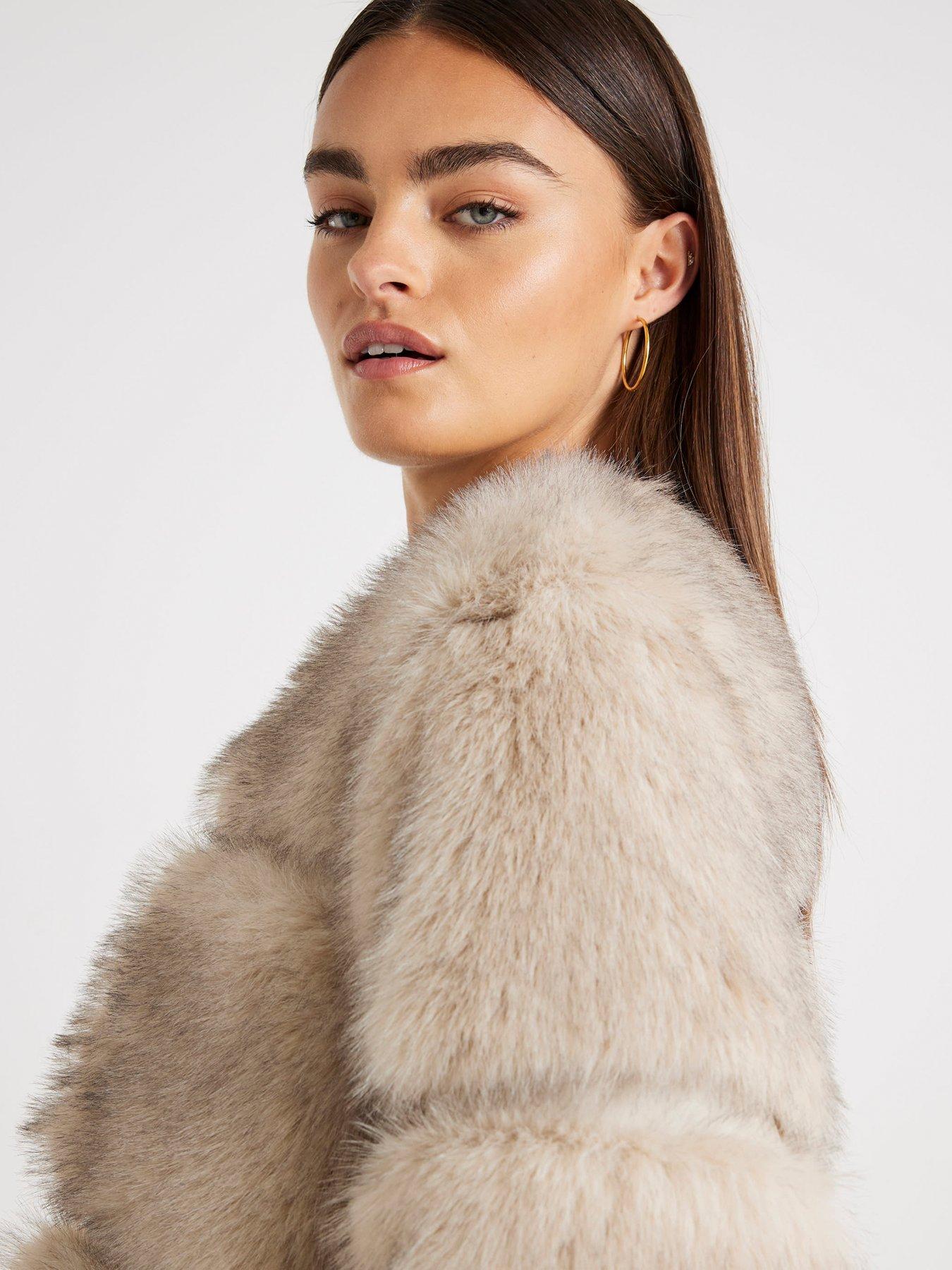 Image 4 of 4 of River Island Long Panelled Faux Fur Coat - Cream