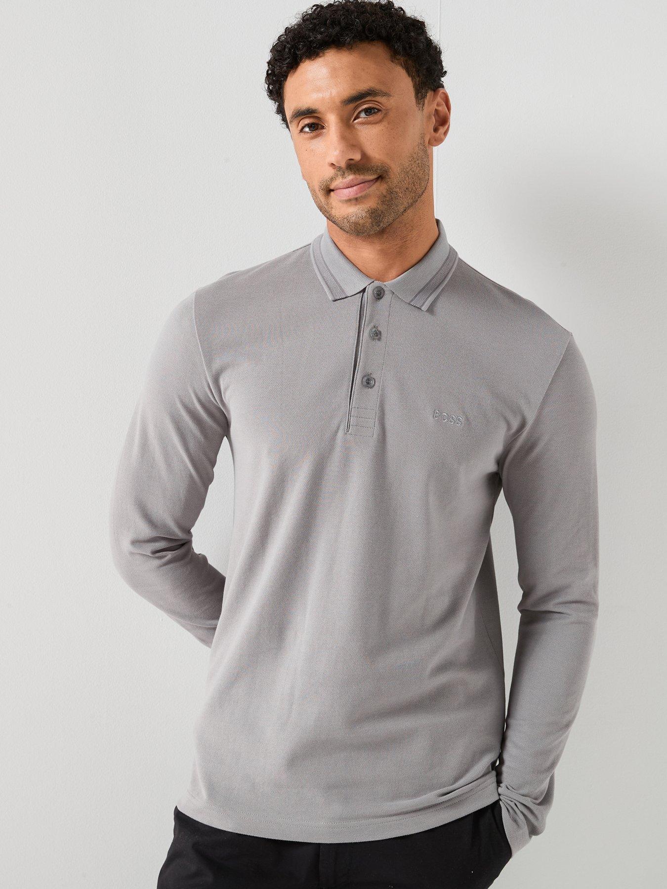 BOSS Plisy Long Sleeve Tipped Polo Shirt - Grey