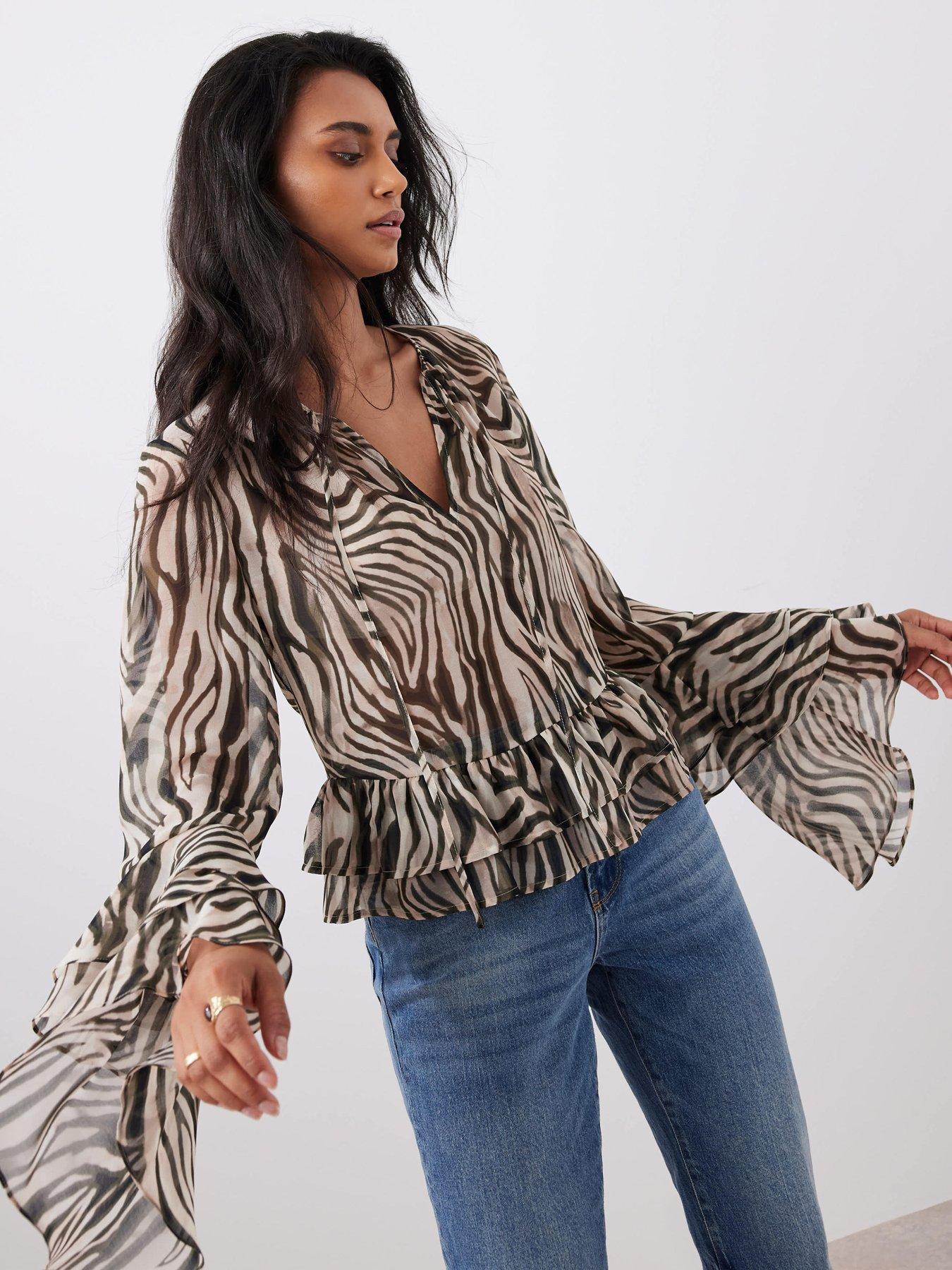 Mint Velvet Zebra Print Ruffle Top - Black