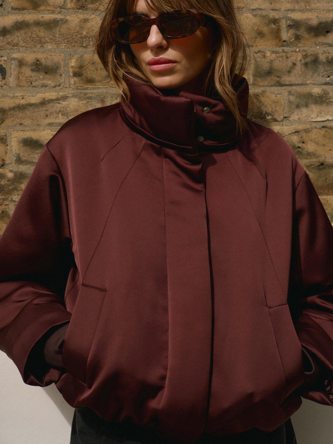 Mint Velvet Burgundy Satin Bomber Jacket - Red