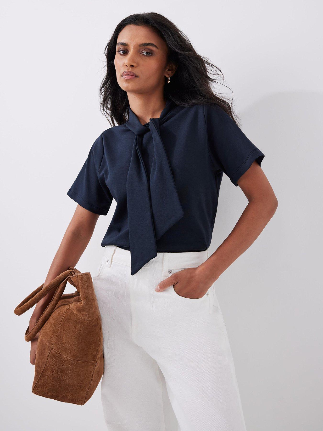 Image 2 of 6 of Mint Velvet Navy Ultimate Tie Neck Top - Blue