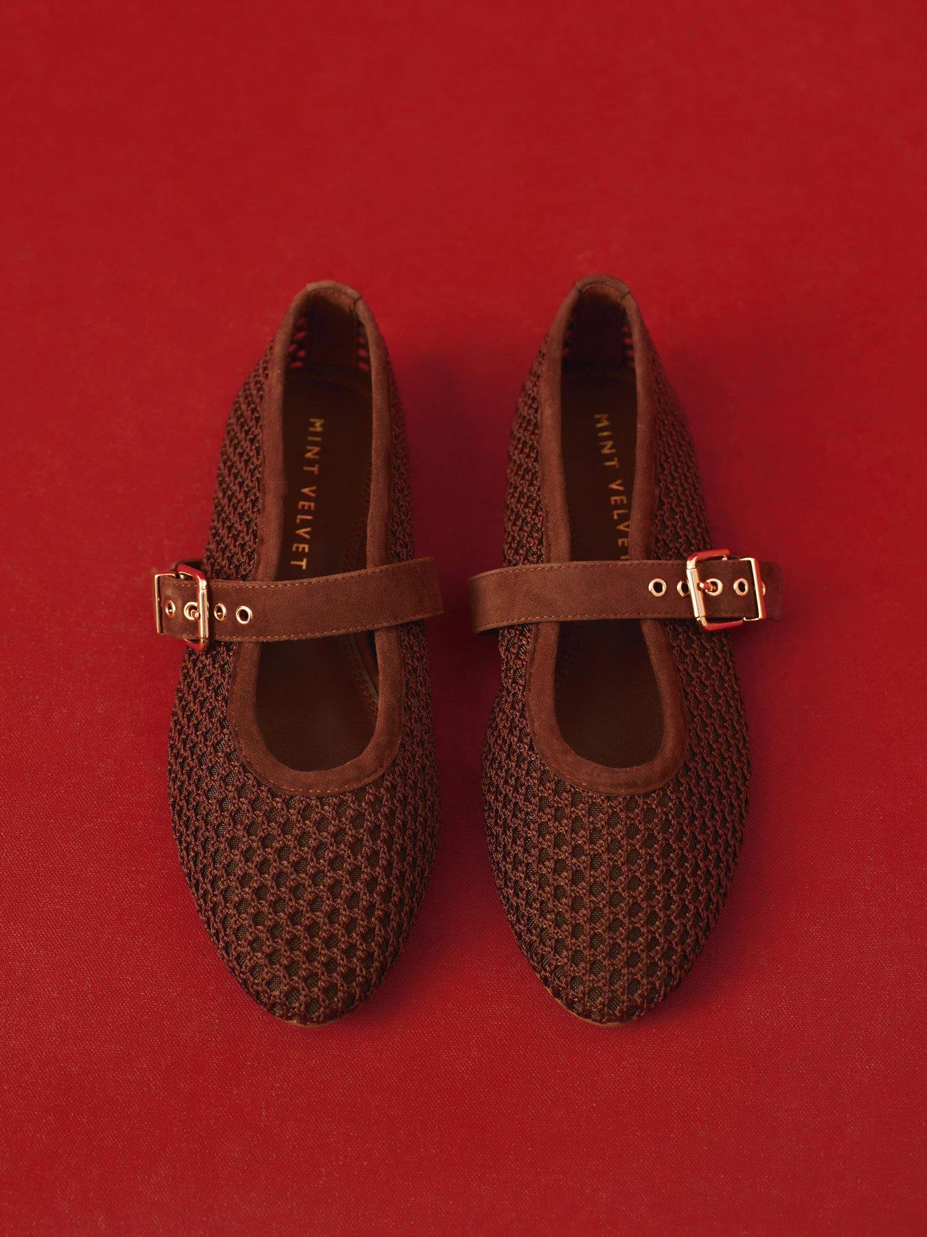 Image 4 of 5 of Mint Velvet Trixie Mesh Ballet Flats - Brown