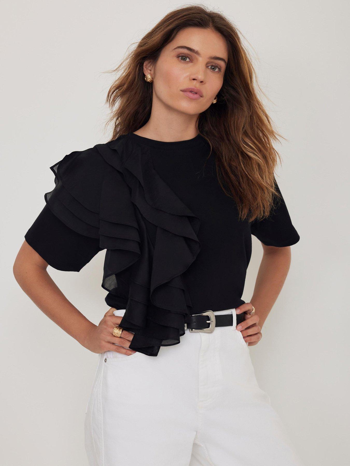 Mint Velvet Cotton Frill T-Shirt - Black